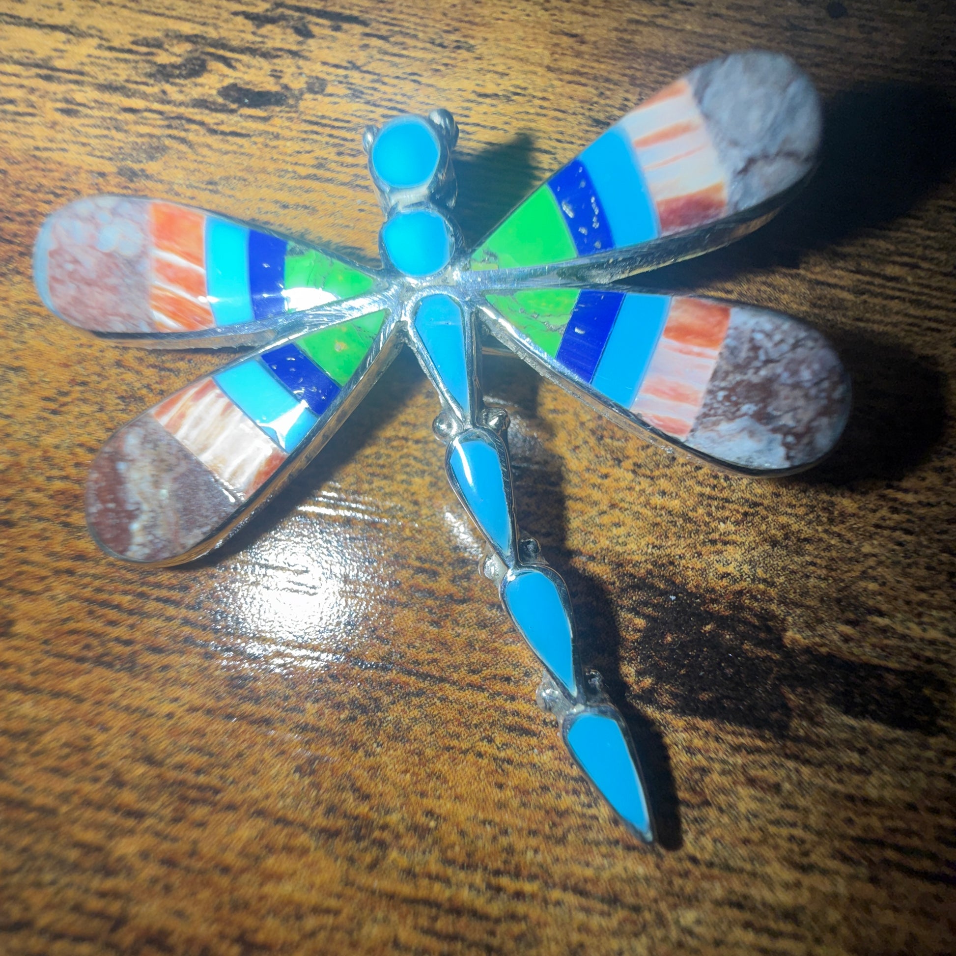 Native Inspired Multi Gemstone Inlay Dragonfly Pendant Signed by Ahiyite Silver Elegant