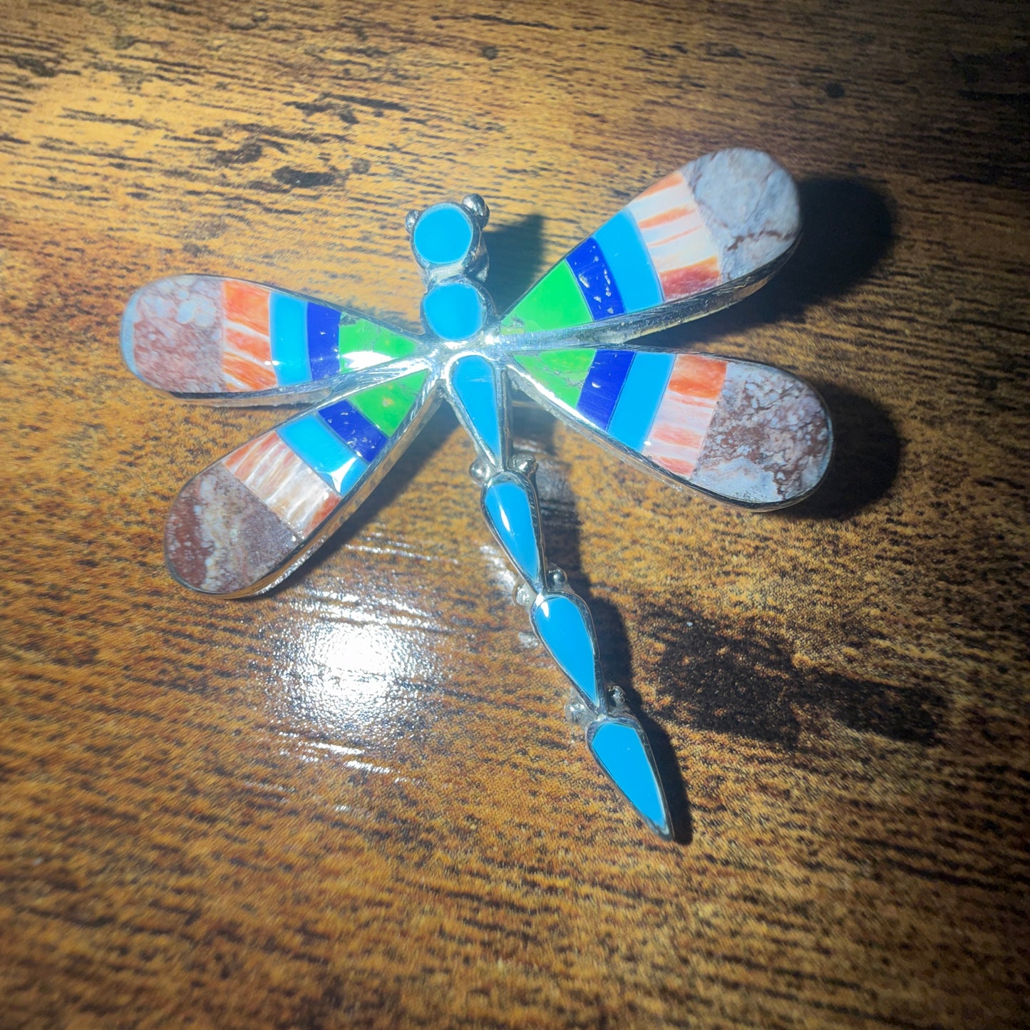 Native Inspired Multi Gemstone Inlay Dragonfly Pendant Signed by Ahiyite Silver Elegant