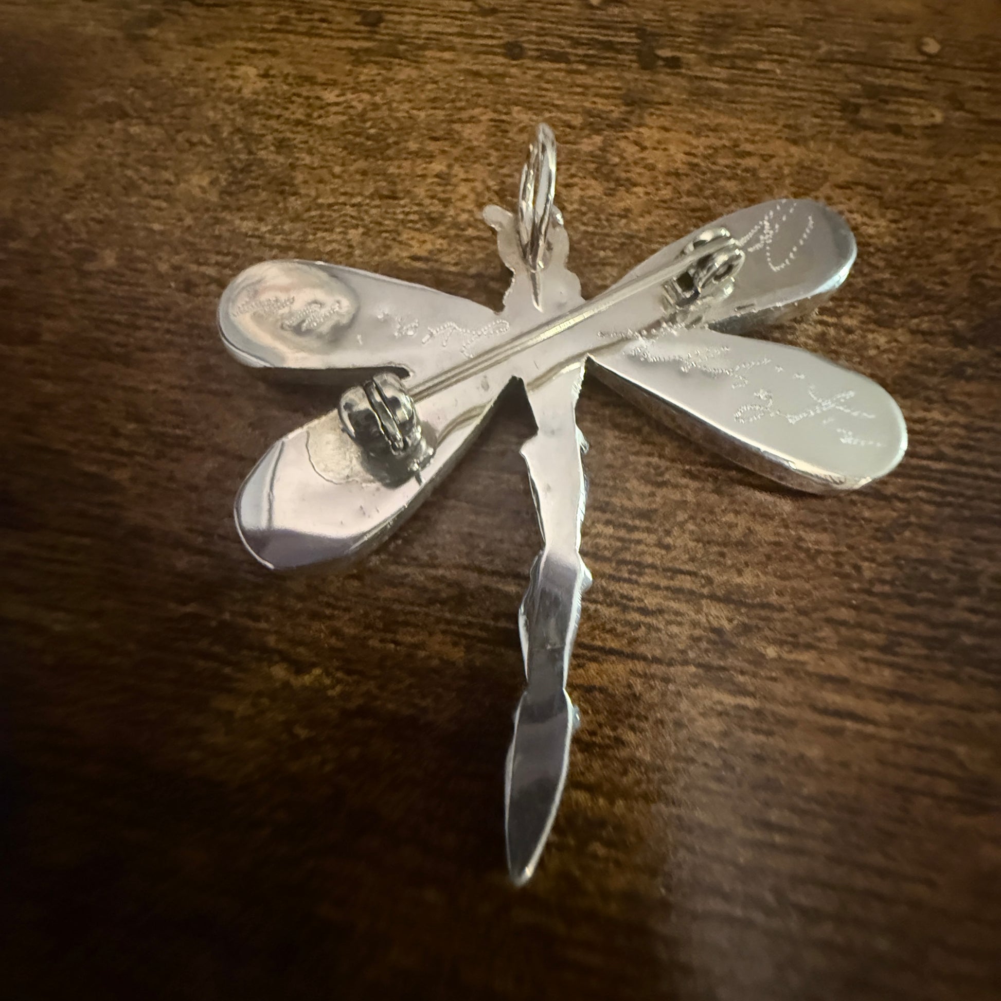 Native Inspired Multi Gemstone Inlay Dragonfly Pendant Signed by Ahiyite Silver Elegant