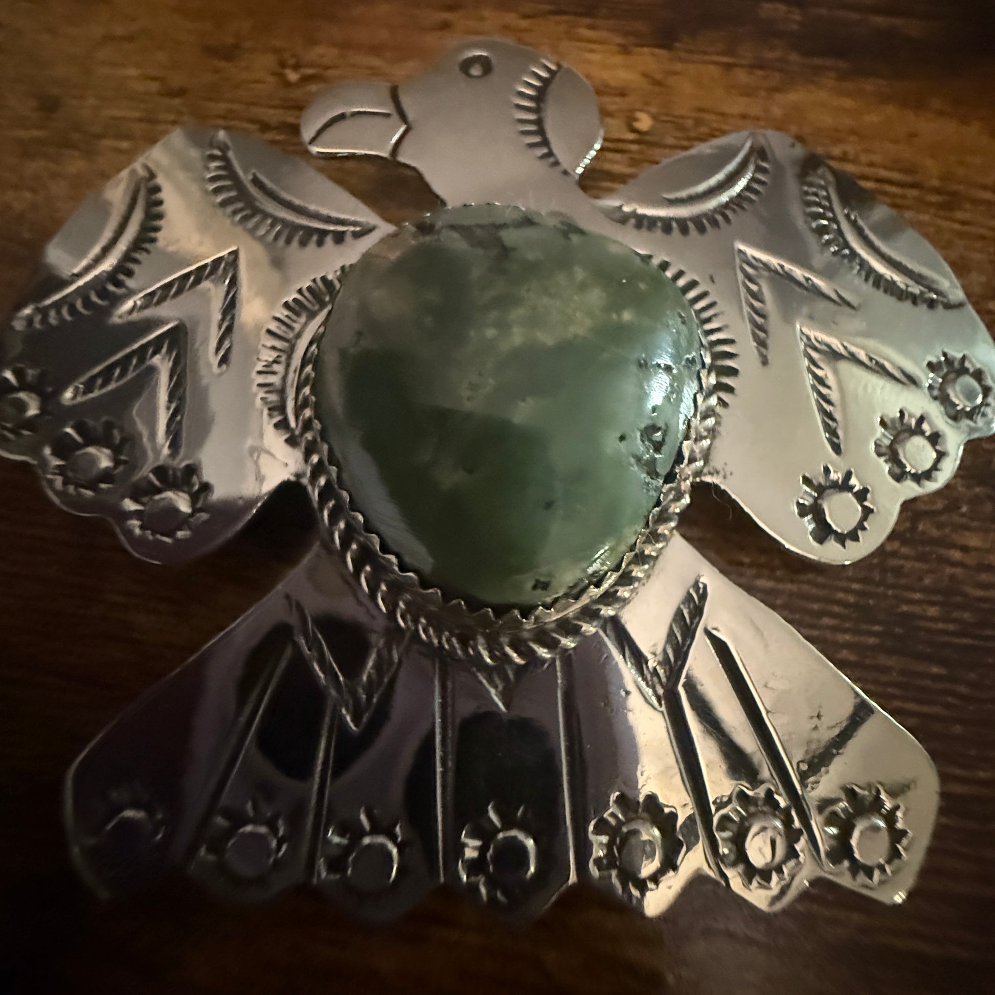 Navajo Inspired Turquoise Thunderbird Pendant Pin Nickel Silver Signed By Cleveland Silver Elegant