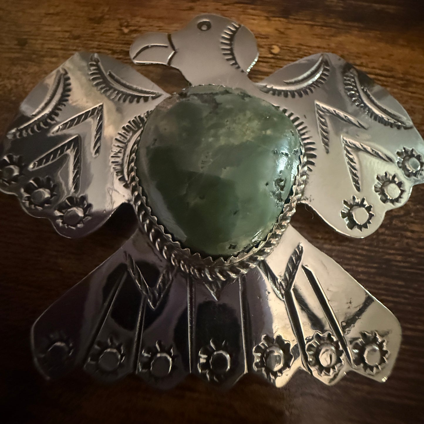 Navajo Inspired Turquoise Thunderbird Pendant Pin Nickel Silver Signed By Cleveland Silver Elegant