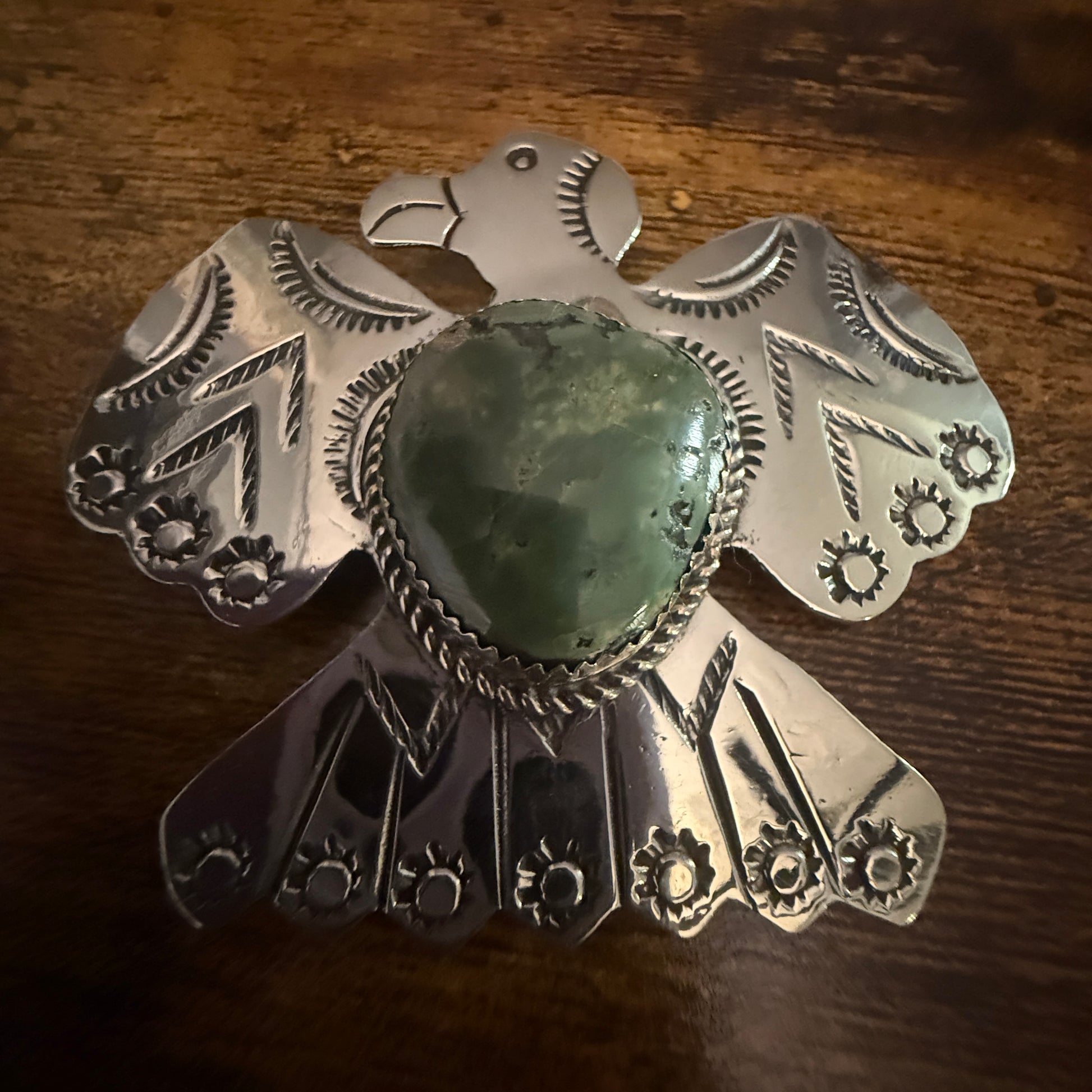 Navajo Inspired Turquoise Thunderbird Pendant Pin Nickel Silver Signed By Cleveland Silver Elegant