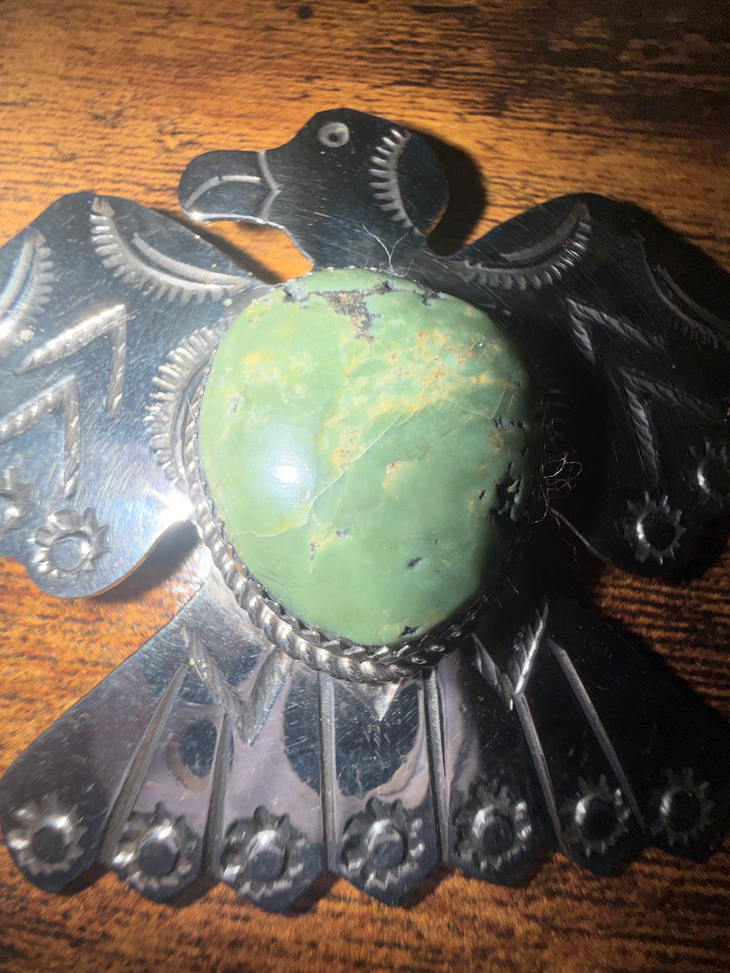 Navajo Inspired Turquoise Thunderbird Pendant Pin Nickel Silver Signed By Cleveland Silver Elegant