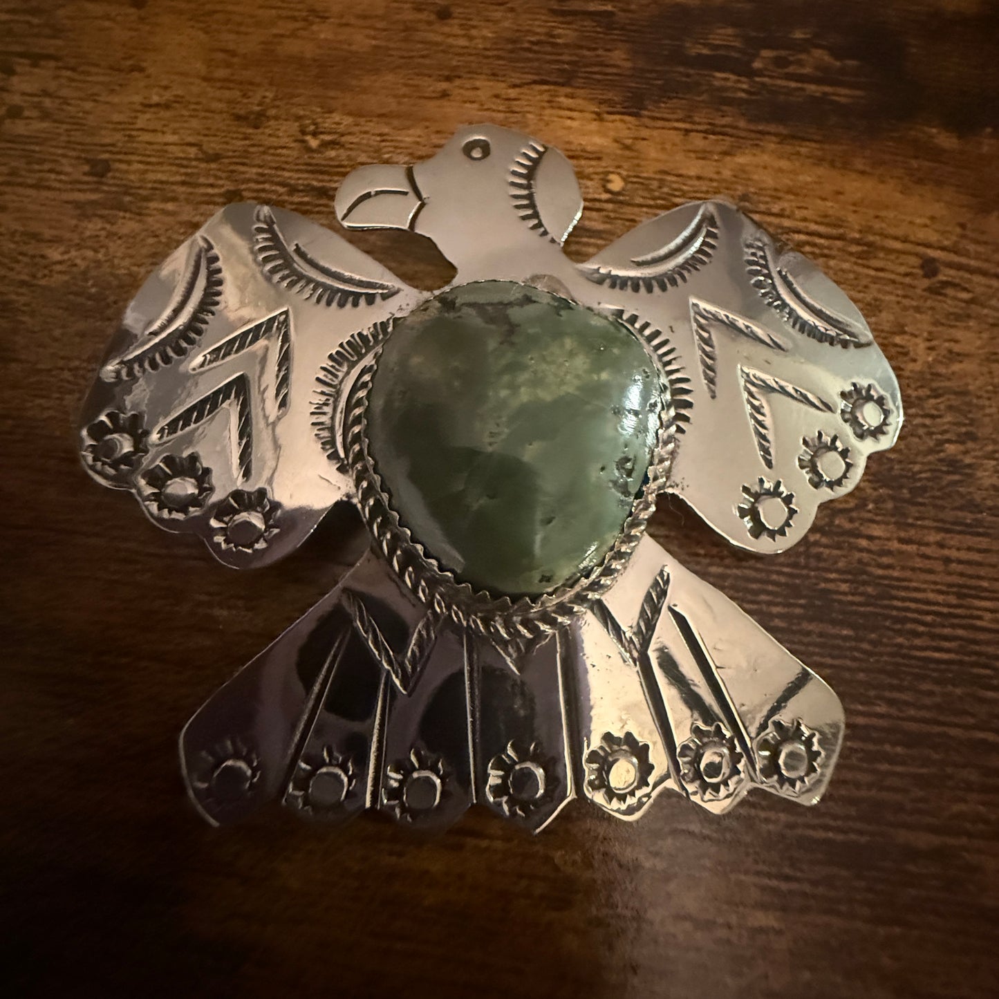 Navajo Inspired Turquoise Thunderbird Pendant Pin Nickel Silver Signed By Cleveland Silver Elegant
