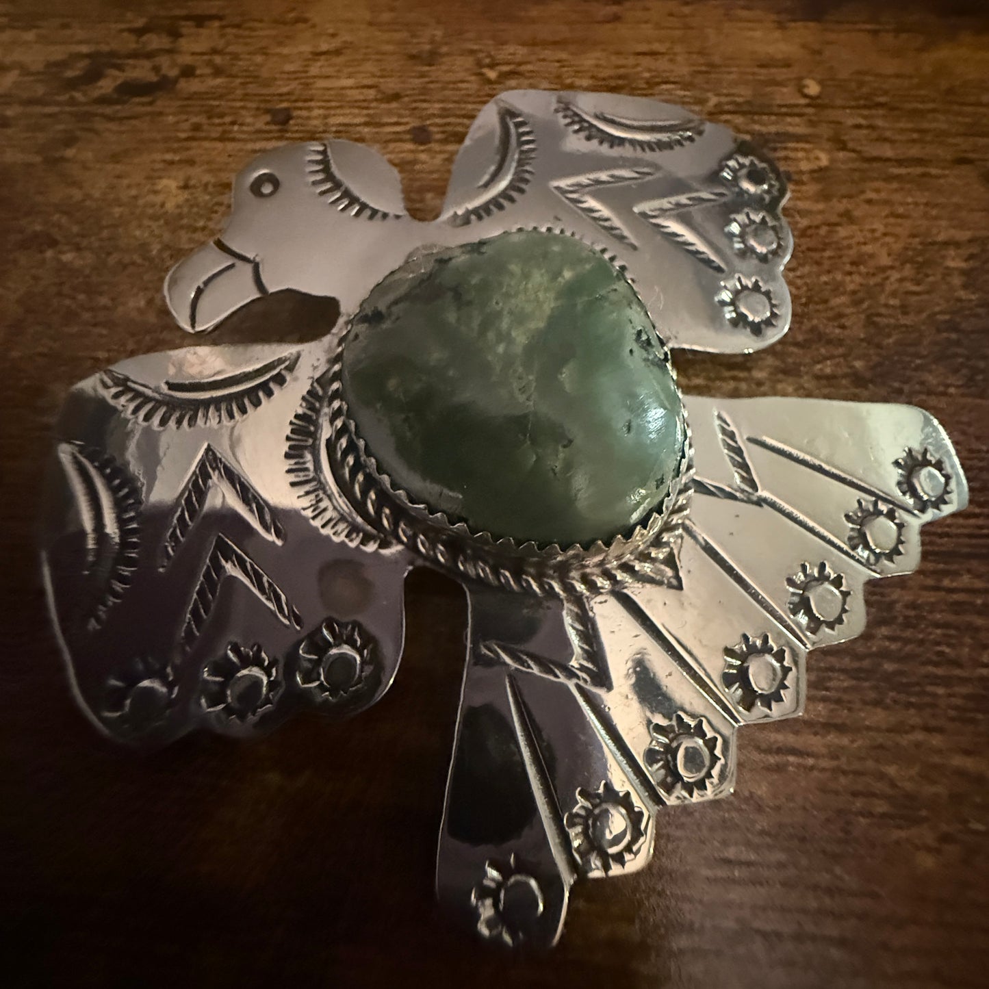 Navajo Inspired Turquoise Thunderbird Pendant Pin Nickel Silver Signed By Cleveland Silver Elegant