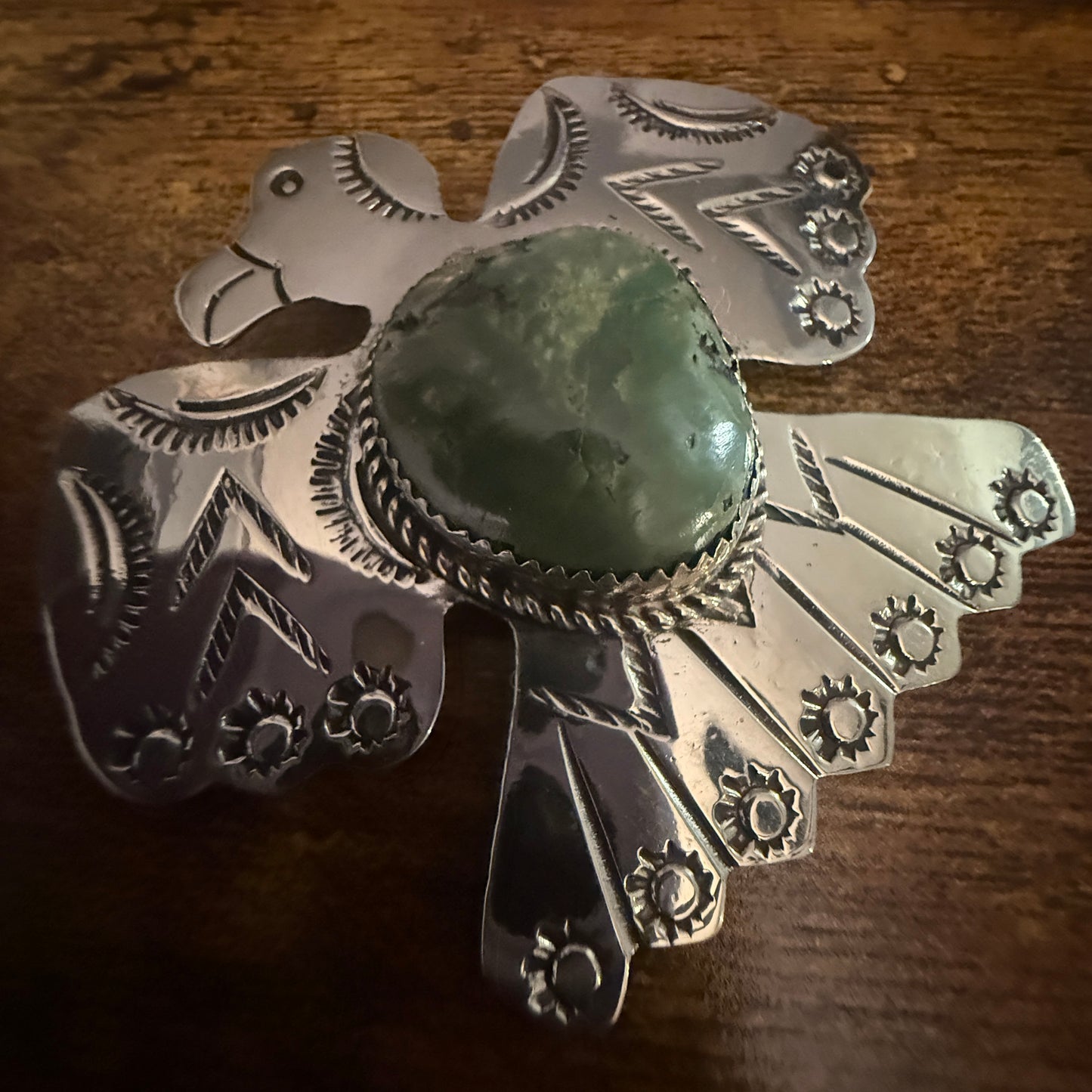 Navajo Inspired Turquoise Thunderbird Pendant Pin Nickel Silver Signed By Cleveland Silver Elegant
