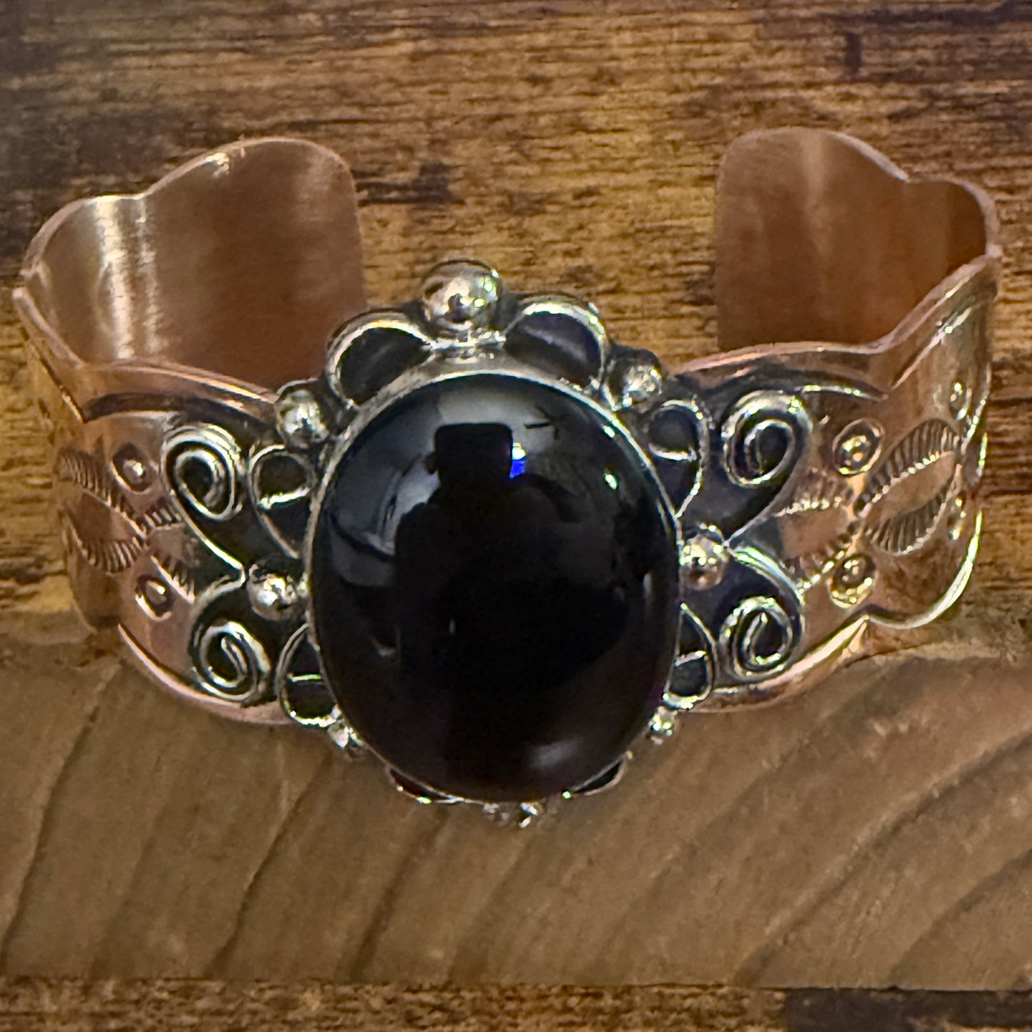 Navajo Inspired Copper And Black Onyx Wide Cuff Bracelet Signed By Cleveland Silver Elegant
