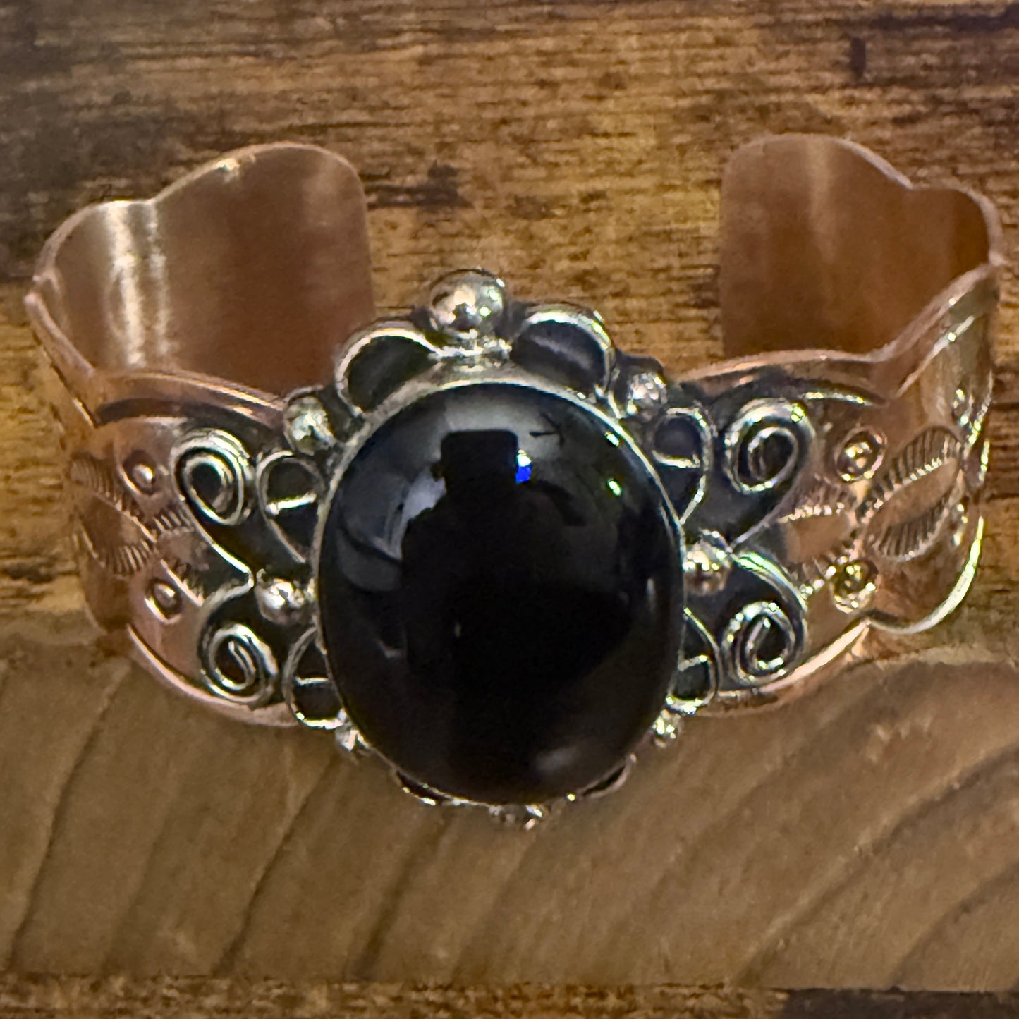 Navajo Inspired Copper And Black Onyx Wide Cuff Bracelet Signed By Cleveland Silver Elegant