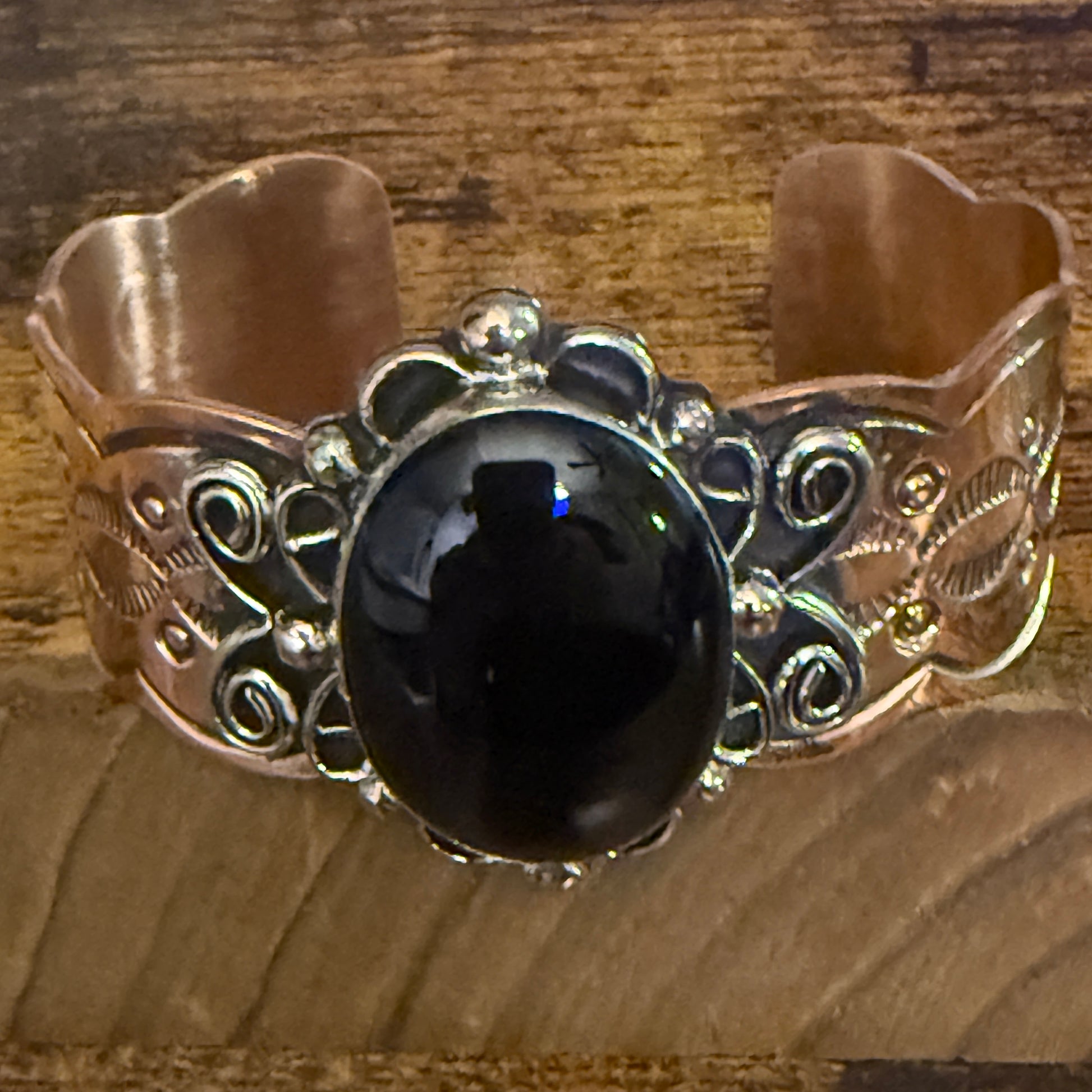 Navajo Inspired Copper And Black Onyx Wide Cuff Bracelet Signed By Cleveland Silver Elegant