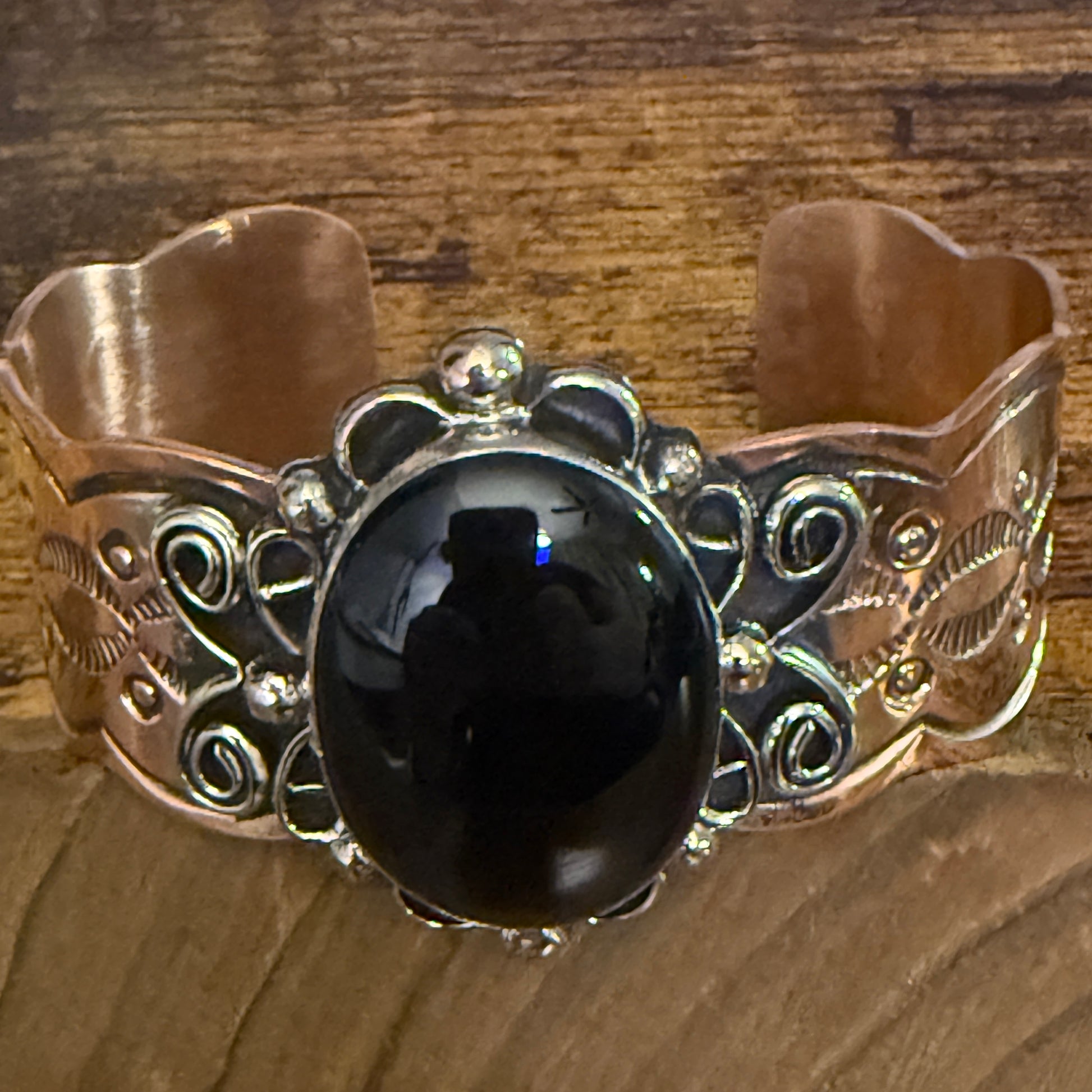 Navajo Inspired Copper And Black Onyx Wide Cuff Bracelet Signed By Cleveland Silver Elegant