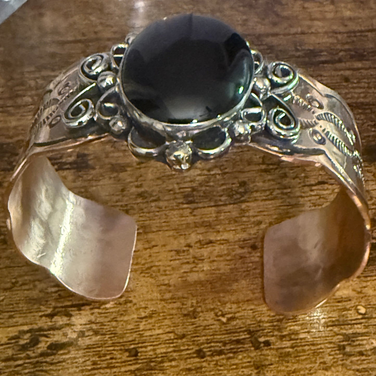 Navajo Inspired Copper And Black Onyx Wide Cuff Bracelet Signed By Cleveland Silver Elegant