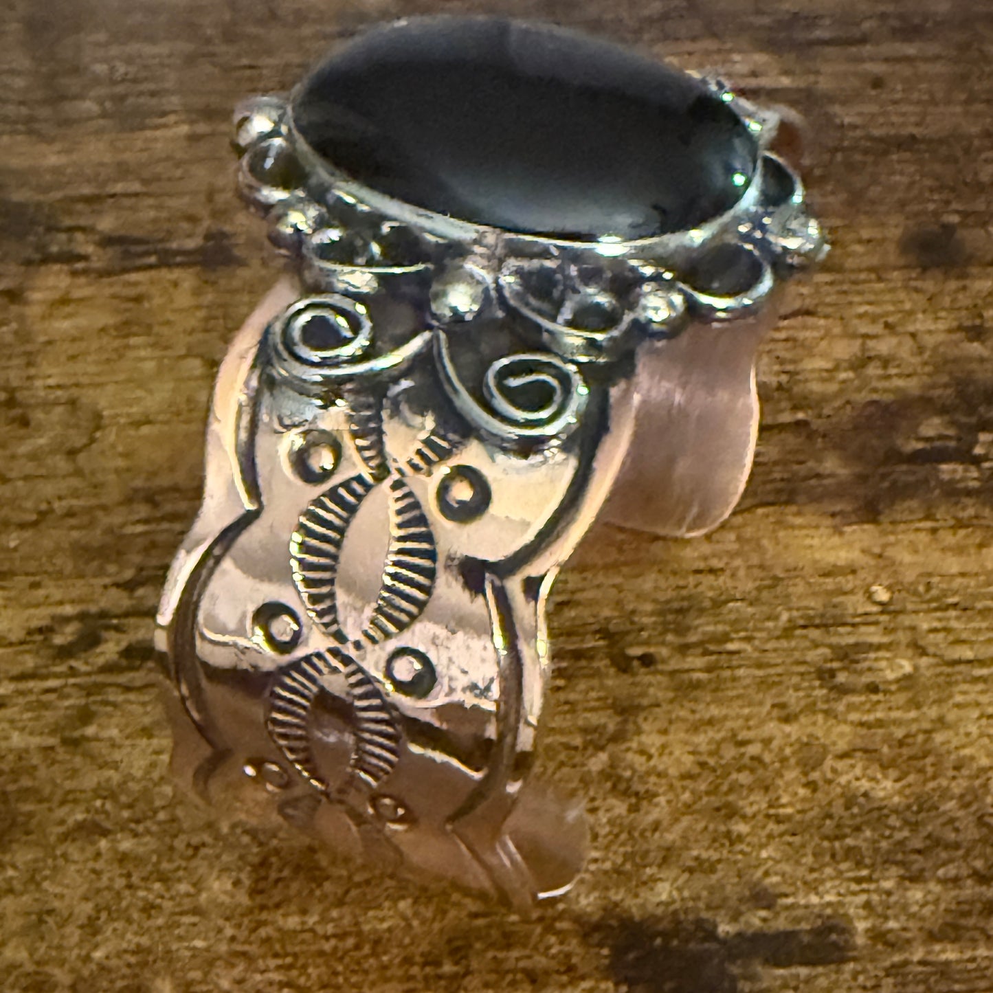 Navajo Inspired Copper And Black Onyx Wide Cuff Bracelet Signed By Cleveland Silver Elegant
