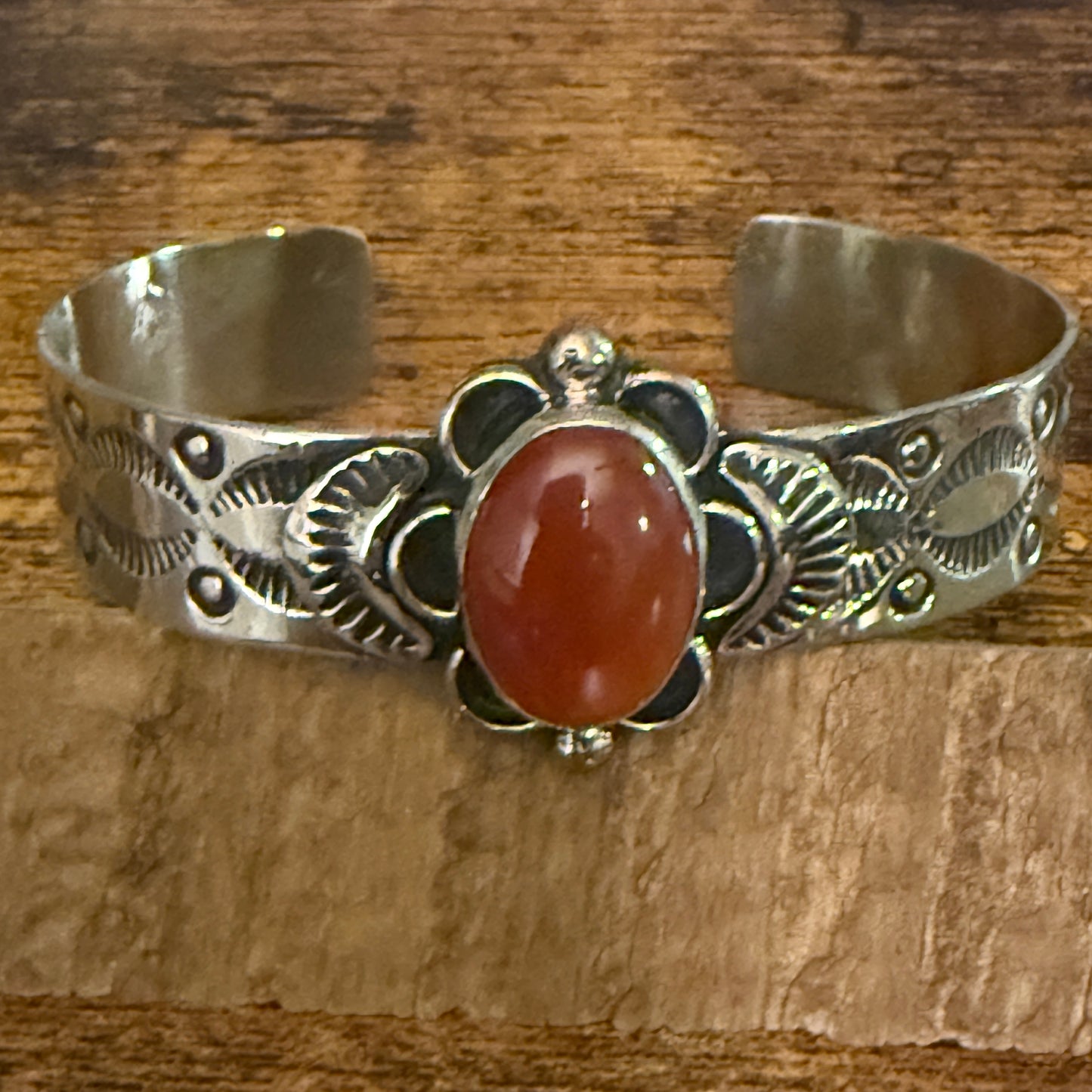 Navajo Style Apple Coral Cuff Bracelet Signed Cleveland Nickel Silver Adjustable Silver Elegant