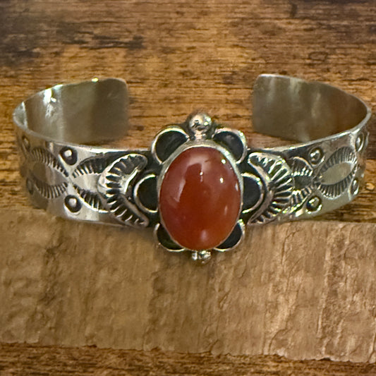 Navajo Style Apple Coral Cuff Bracelet Signed Cleveland Nickel Silver Adjustable Silver Elegant