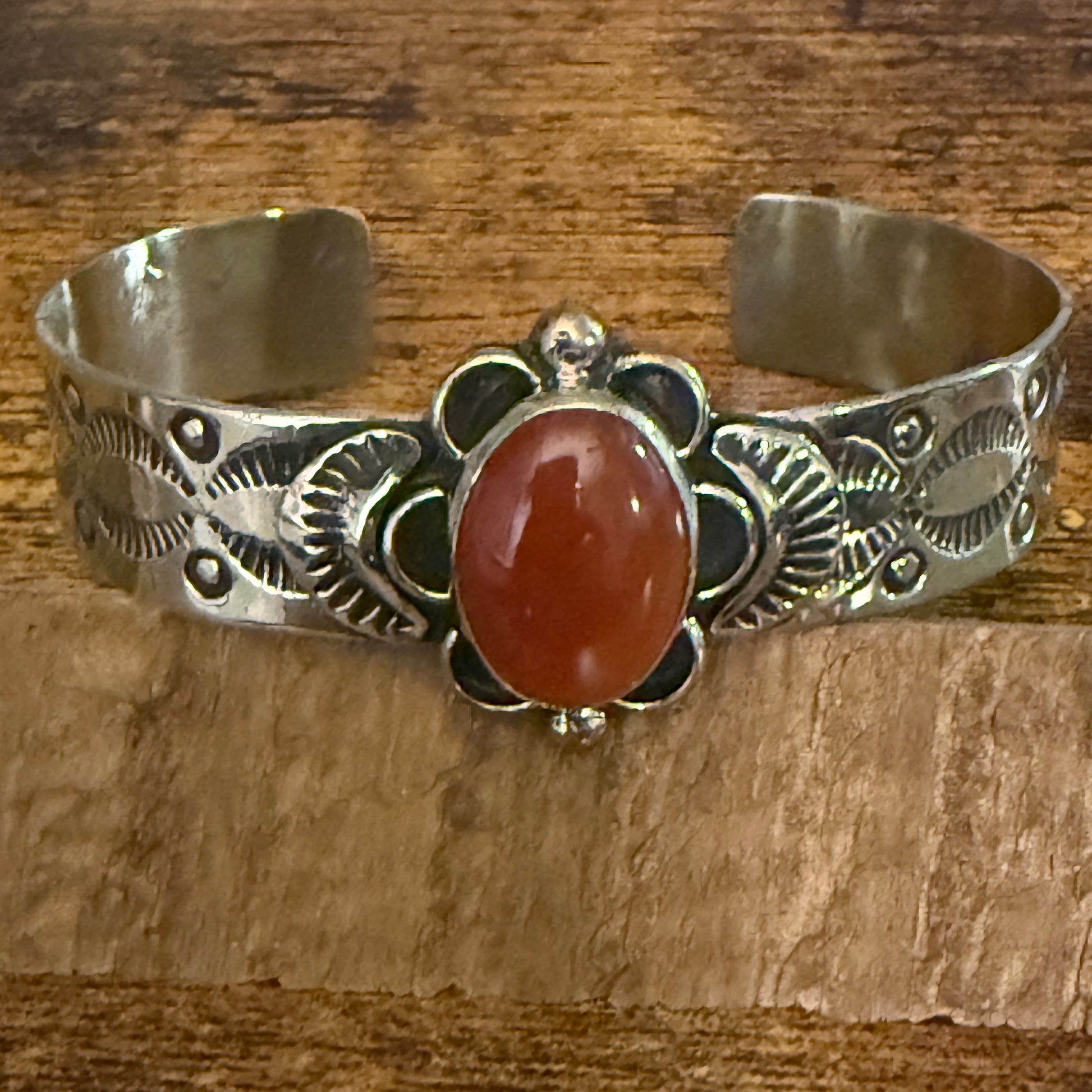Navajo Style Apple Coral Cuff Bracelet Signed Cleveland Nickel Silver Adjustable Silver Elegant