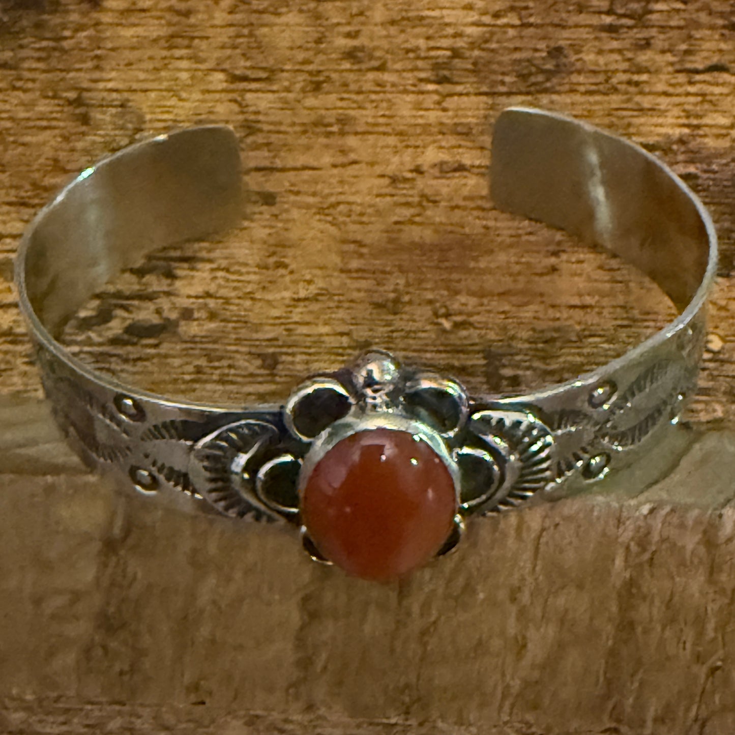 Navajo Style Apple Coral Cuff Bracelet Signed Cleveland Nickel Silver Adjustable Silver Elegant