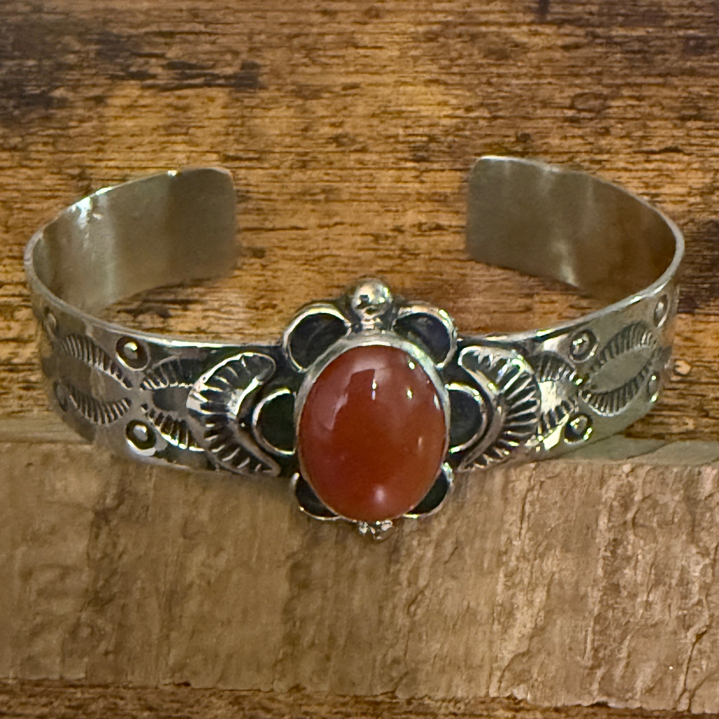 Navajo Style Apple Coral Cuff Bracelet Signed Cleveland Nickel Silver Adjustable Silver Elegant