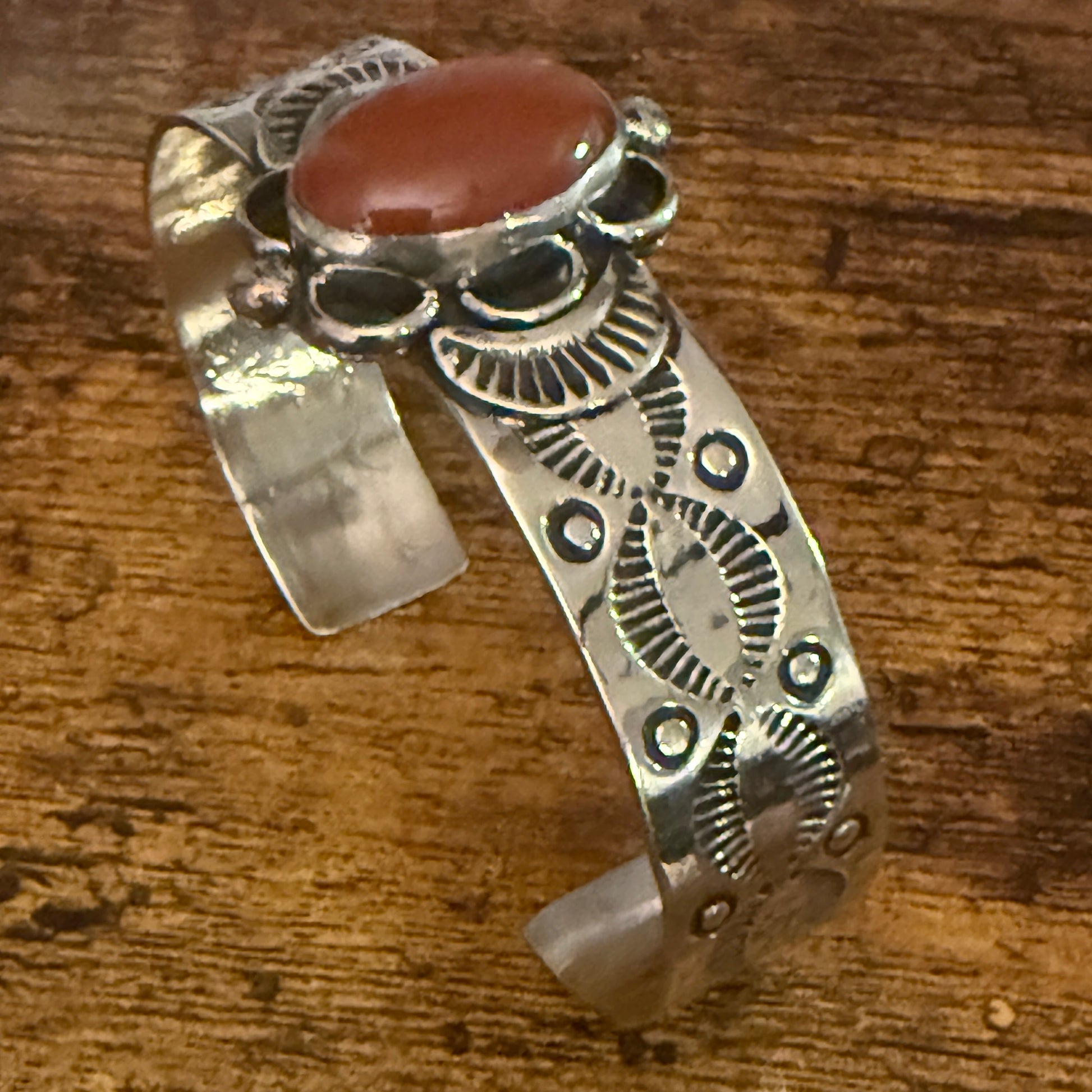 Navajo Style Apple Coral Cuff Bracelet Signed Cleveland Nickel Silver Adjustable Silver Elegant