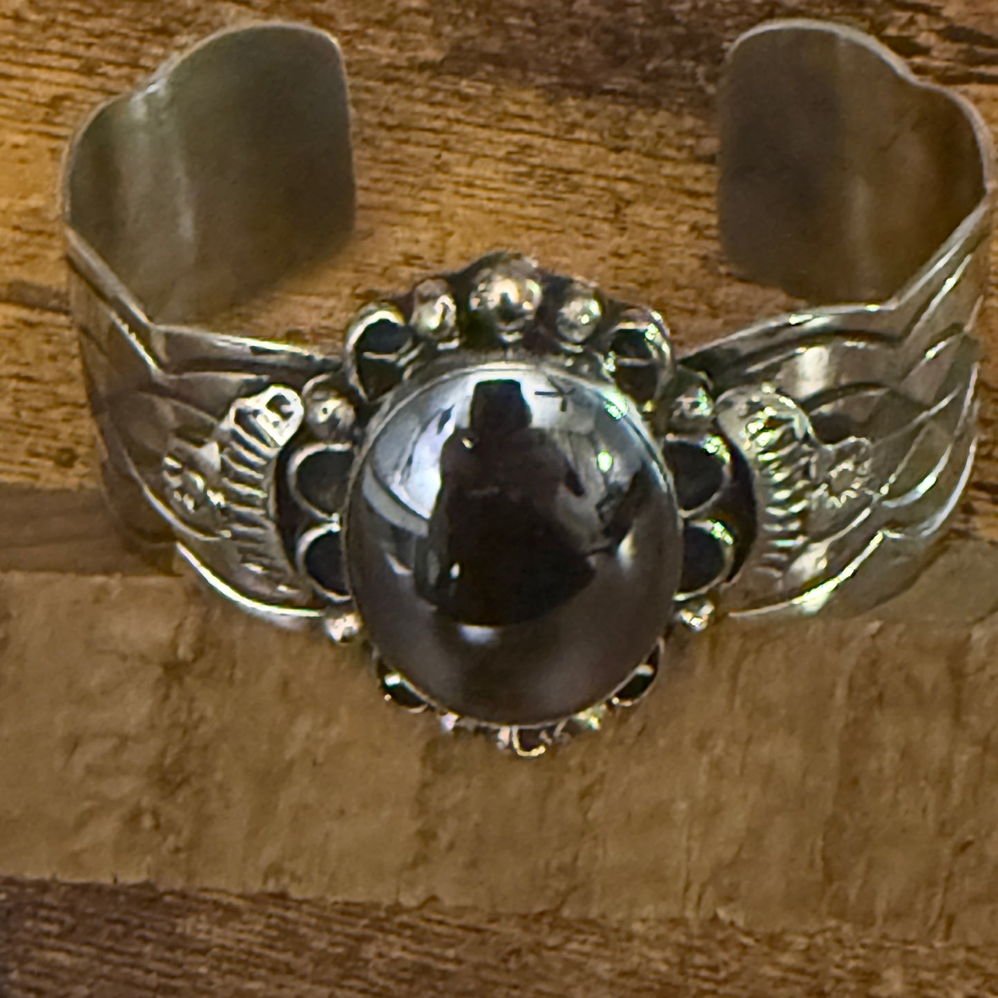 Navajo Inspired Hematite Wide Cuff Bracelet Signed Cleveland Nickel Silver Silver Elegant