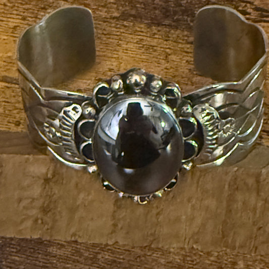 Navajo Inspired Hematite Wide Cuff Bracelet Signed Cleveland Nickel Silver Silver Elegant