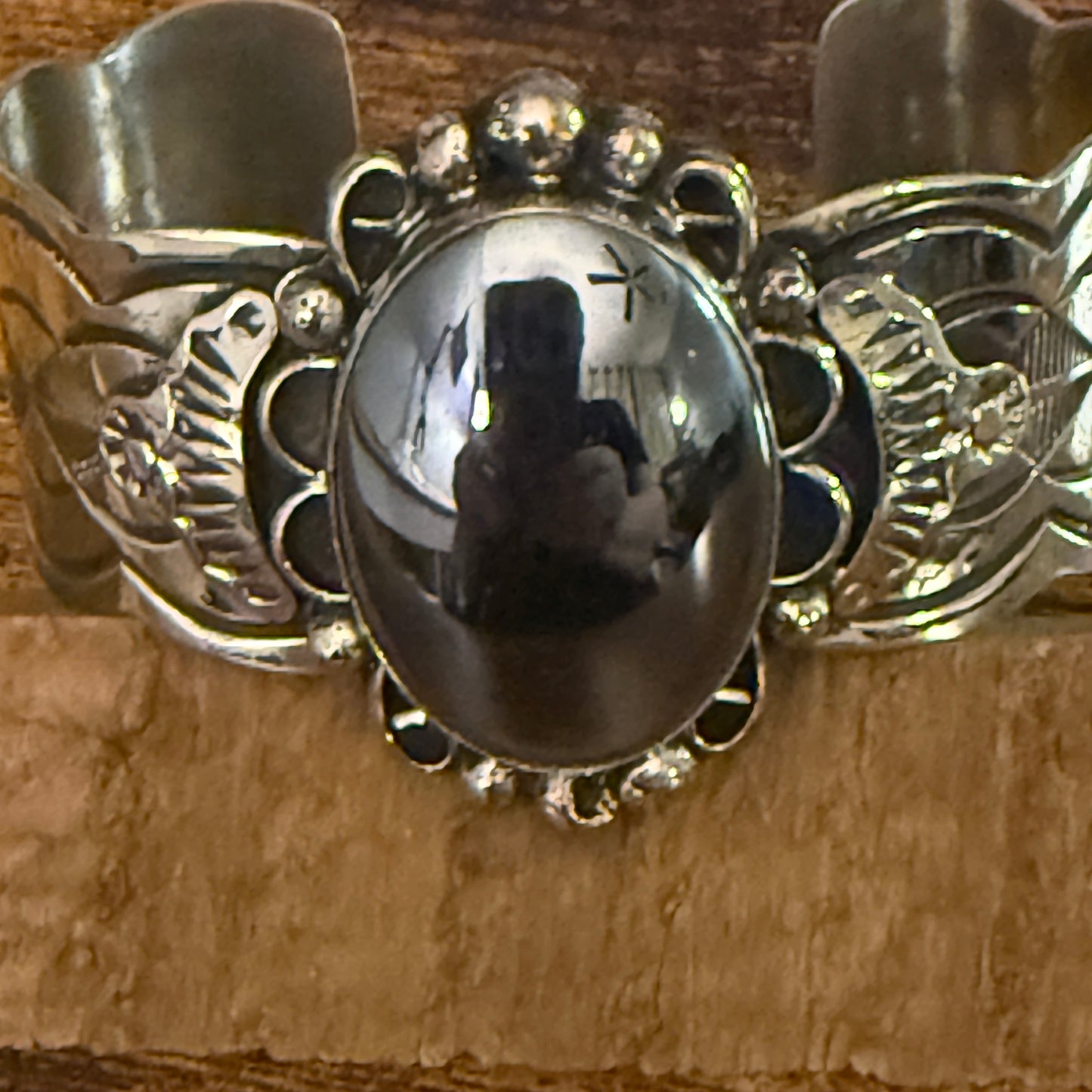 Navajo Inspired Hematite Wide Cuff Bracelet Signed Cleveland Nickel Silver Silver Elegant