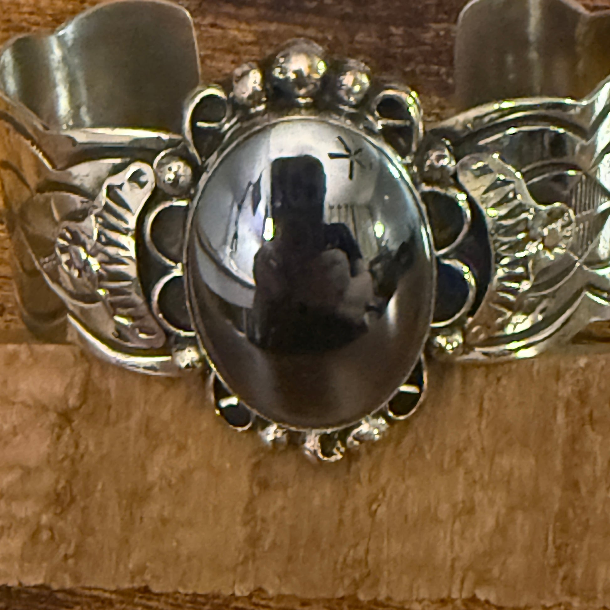 Navajo Inspired Hematite Wide Cuff Bracelet Signed Cleveland Nickel Silver Silver Elegant