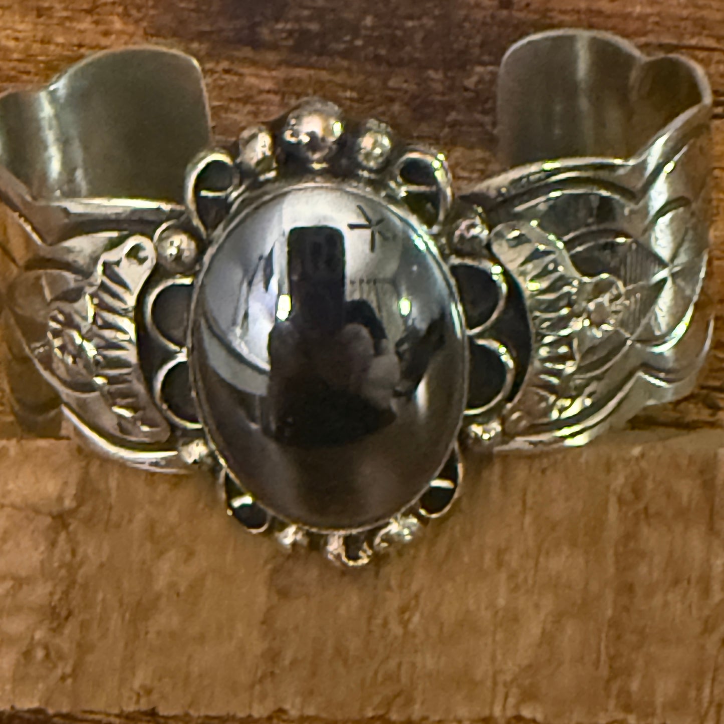 Navajo Inspired Hematite Wide Cuff Bracelet Signed Cleveland Nickel Silver Silver Elegant