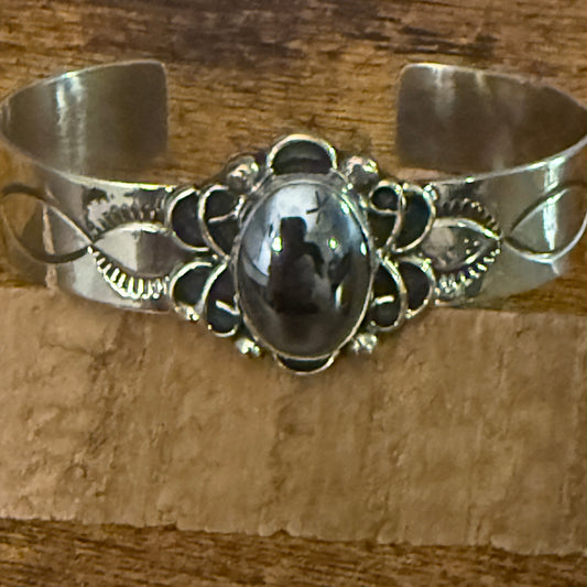 Navajo Inspired Black Onyx Cuff Bracelet Signed by Cleveland Nickel Silver Silver Elegant