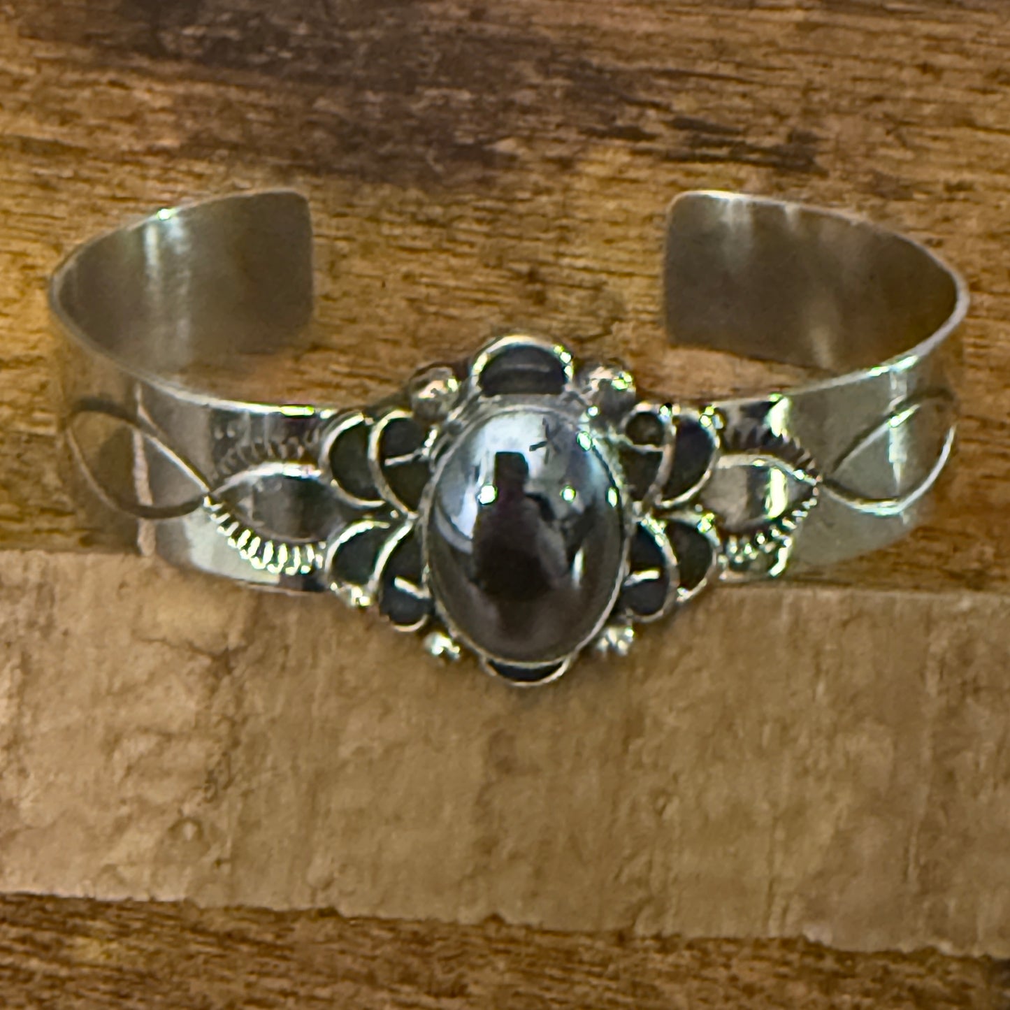 Navajo Inspired Black Onyx Cuff Bracelet Signed by Cleveland Nickel Silver Silver Elegant