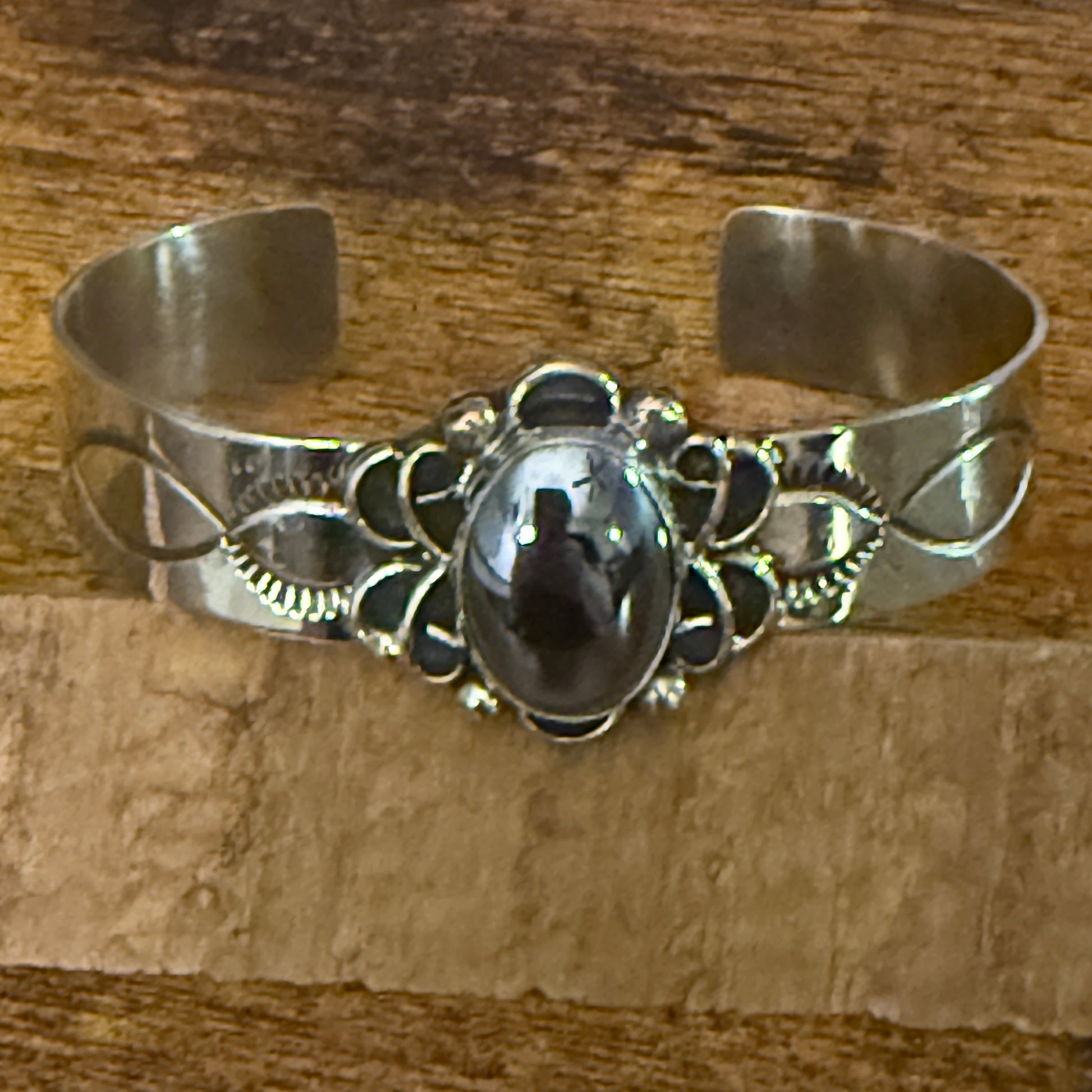Navajo Inspired Black Onyx Cuff Bracelet Signed by Cleveland Nickel Silver Silver Elegant