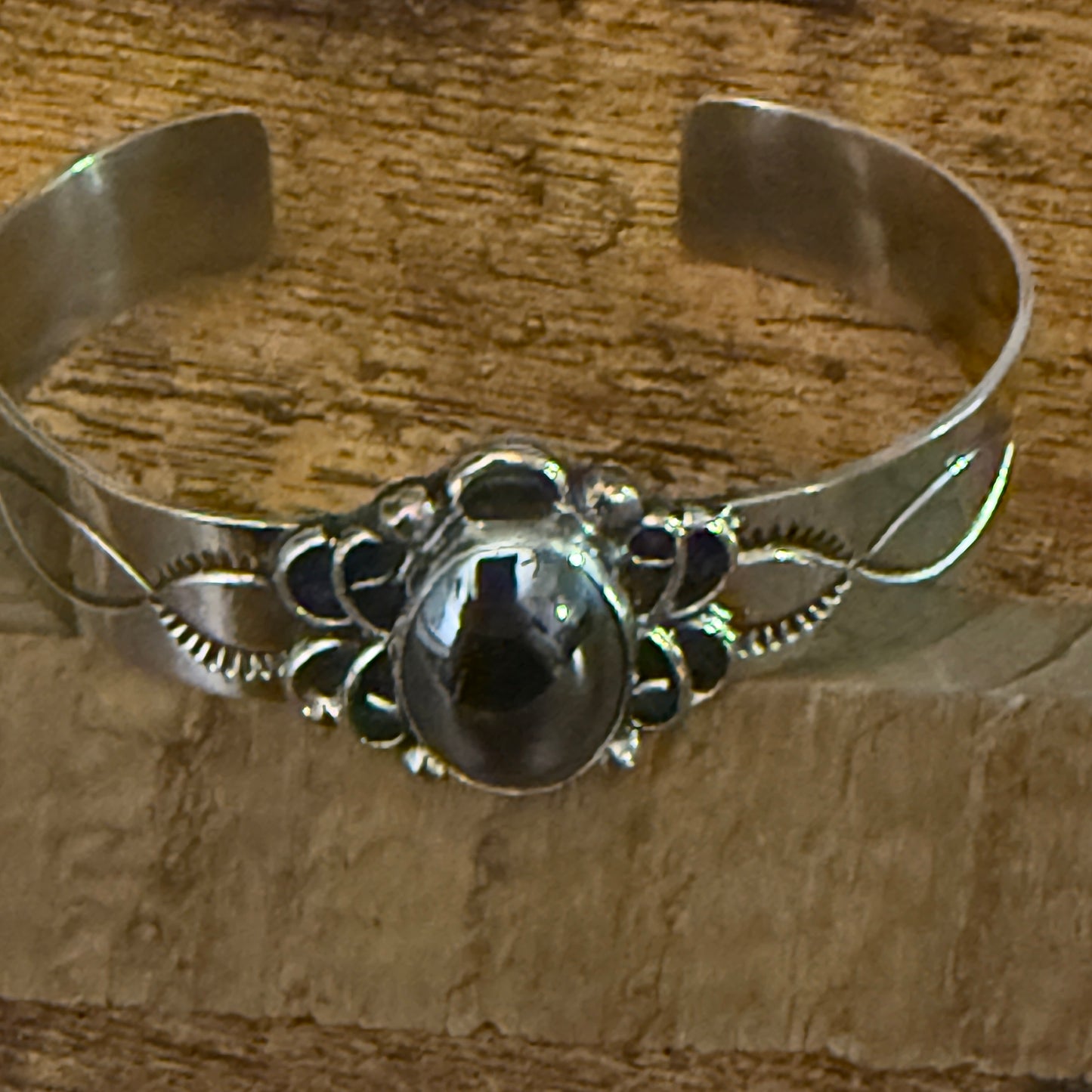 Navajo Inspired Black Onyx Cuff Bracelet Signed by Cleveland Nickel Silver Silver Elegant