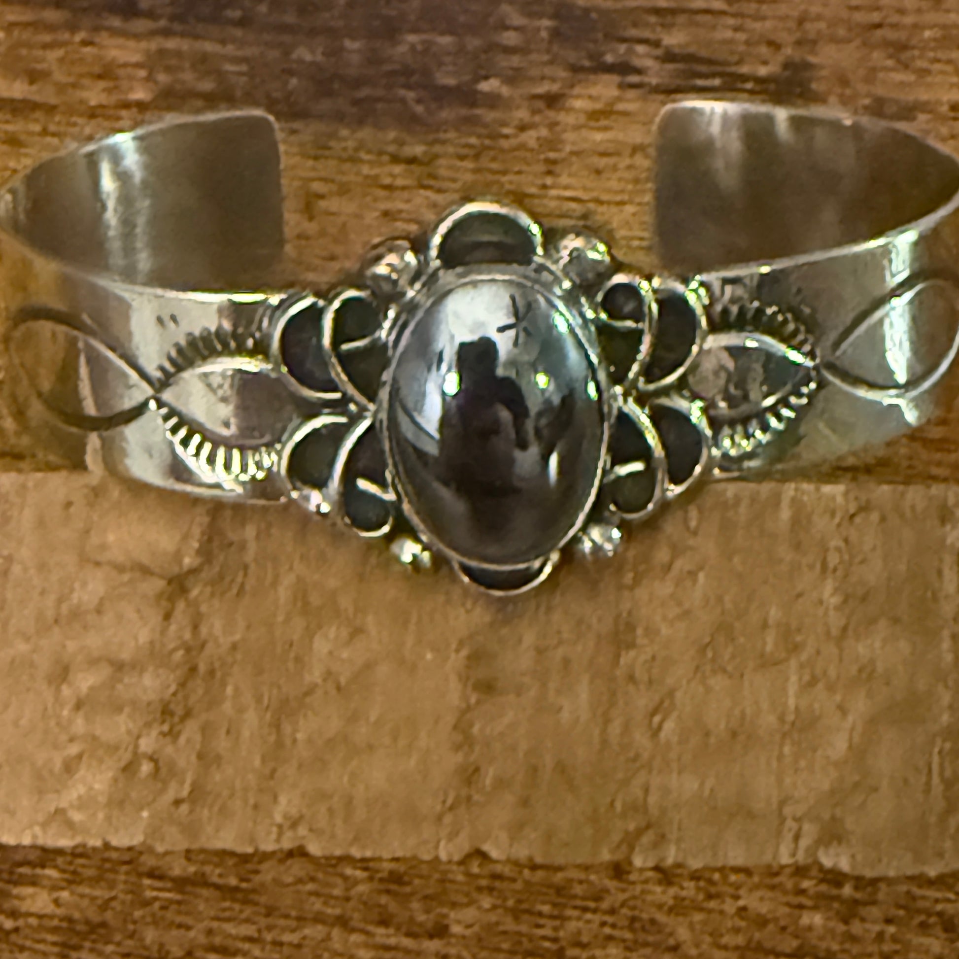 Navajo Inspired Black Onyx Cuff Bracelet Signed by Cleveland Nickel Silver Silver Elegant