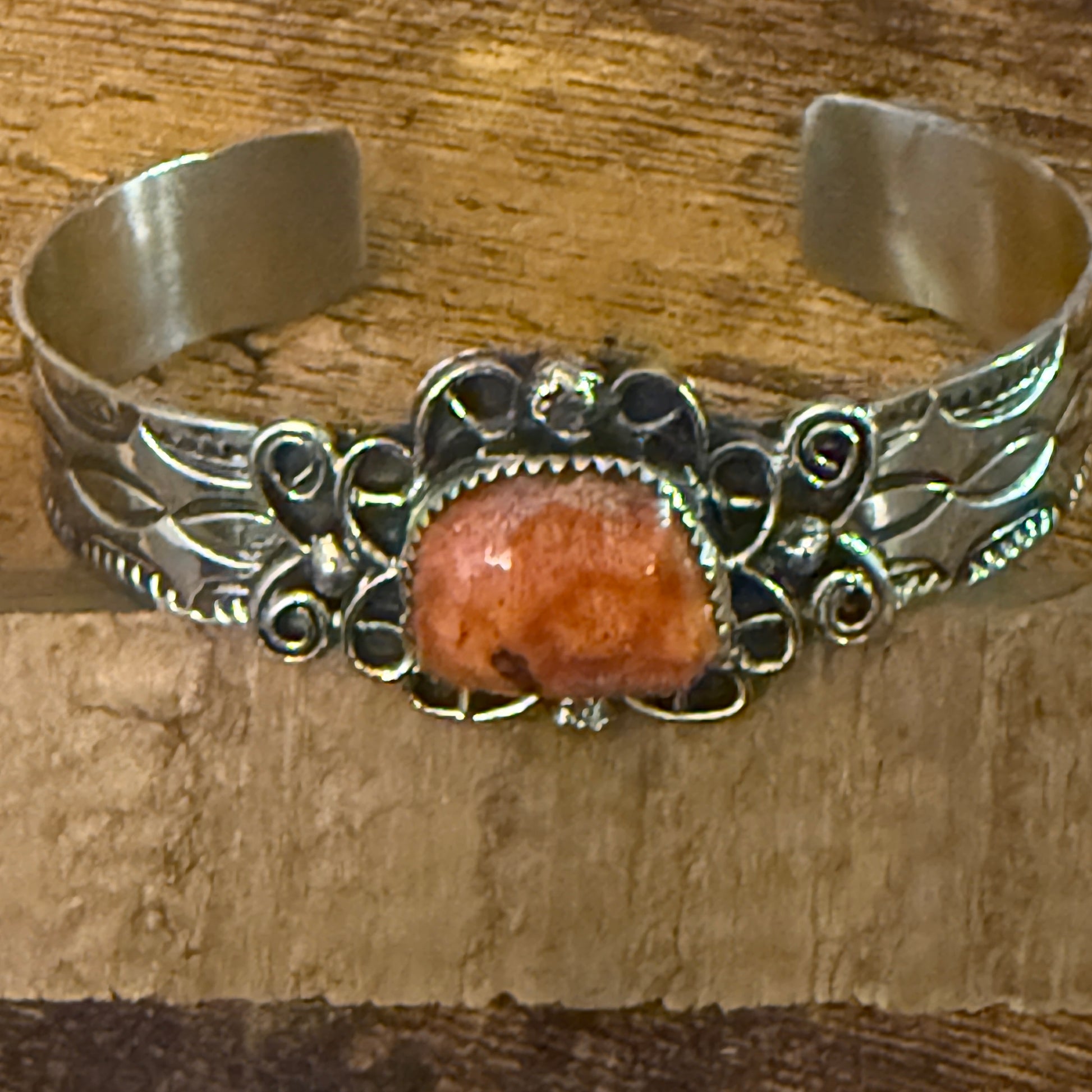 Navajo Inspired Apple Coral Cuff Bracelet Signed Cleveleland Nickel Silver Adjustable Silver Elegant