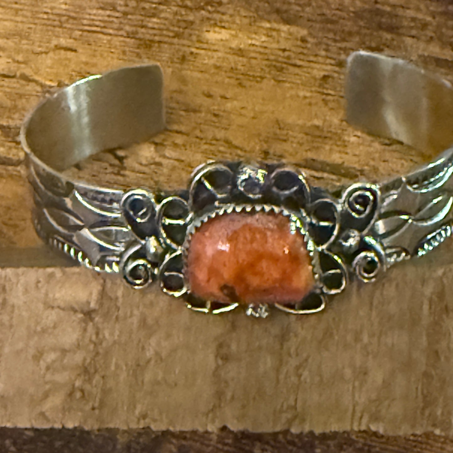 Navajo Inspired Apple Coral Cuff Bracelet Signed Cleveleland Nickel Silver Adjustable Silver Elegant