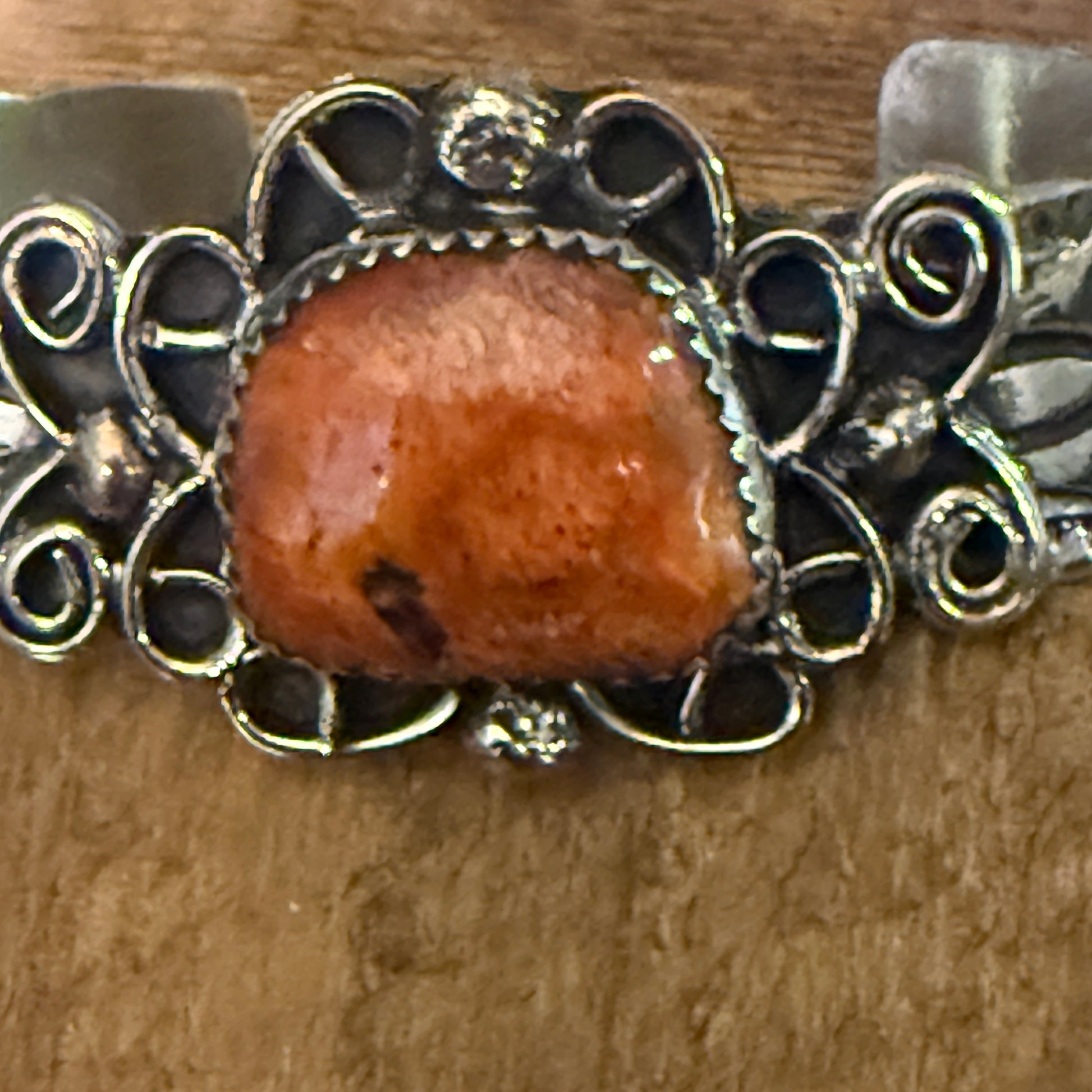 Navajo Inspired Apple Coral Cuff Bracelet Signed Cleveleland Nickel Silver Adjustable Silver Elegant
