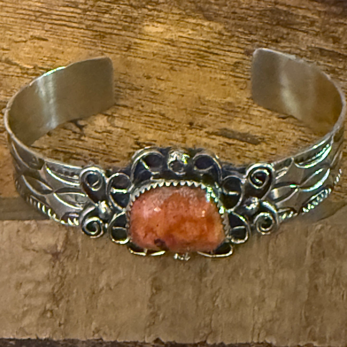 Navajo Inspired Apple Coral Cuff Bracelet Signed Cleveleland Nickel Silver Adjustable Silver Elegant