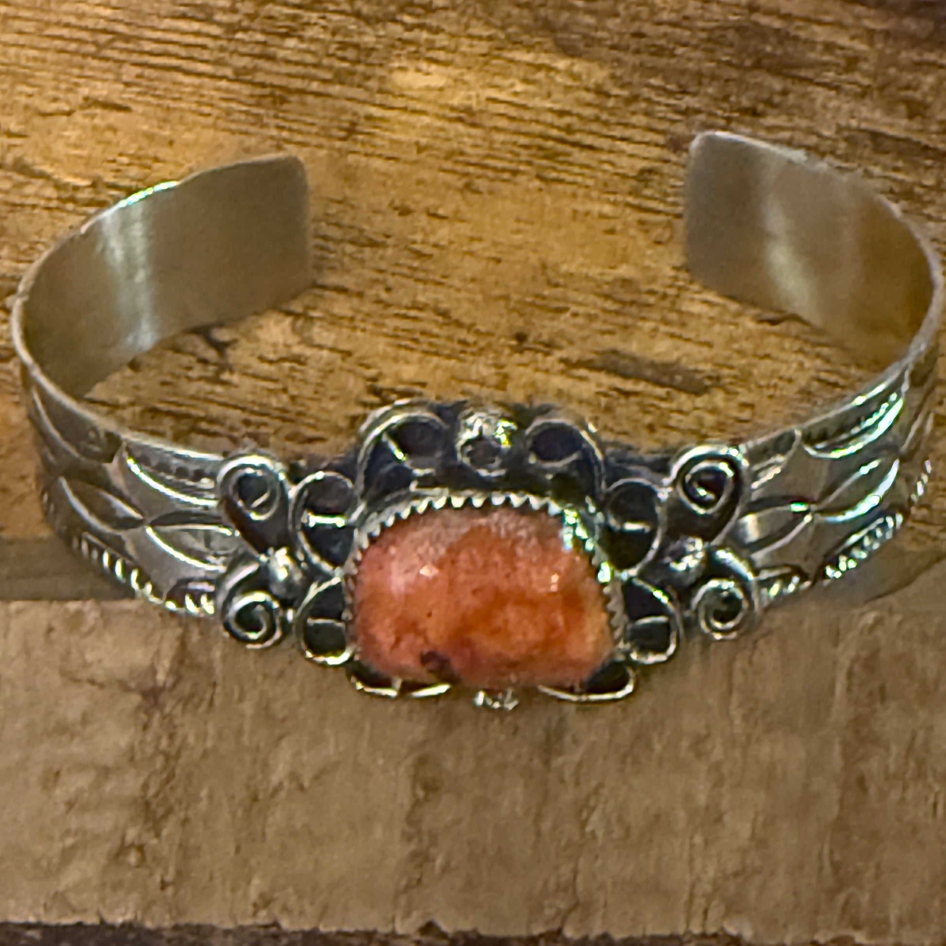 Navajo Inspired Apple Coral Cuff Bracelet Signed Cleveleland Nickel Silver Adjustable Silver Elegant
