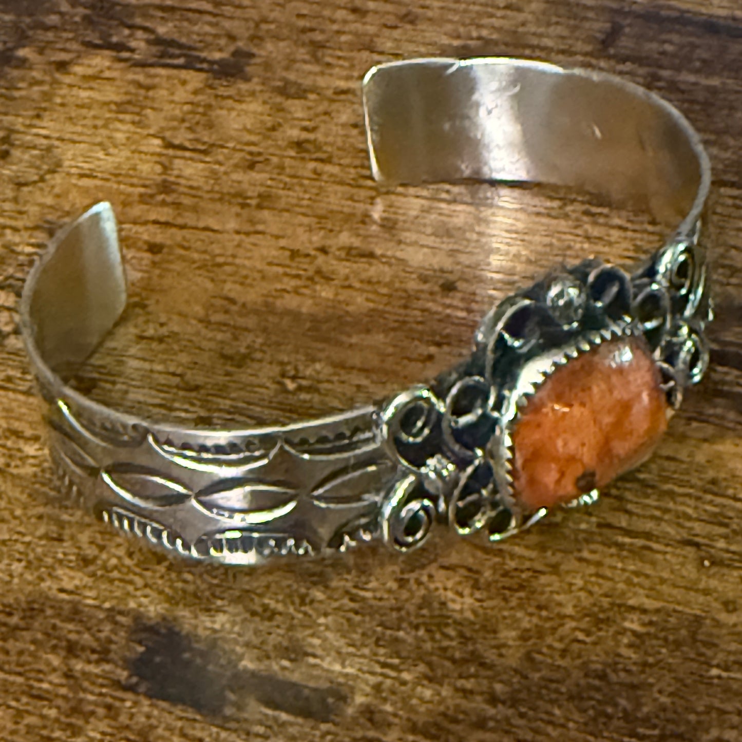 Navajo Inspired Apple Coral Cuff Bracelet Signed Cleveleland Nickel Silver Adjustable Silver Elegant