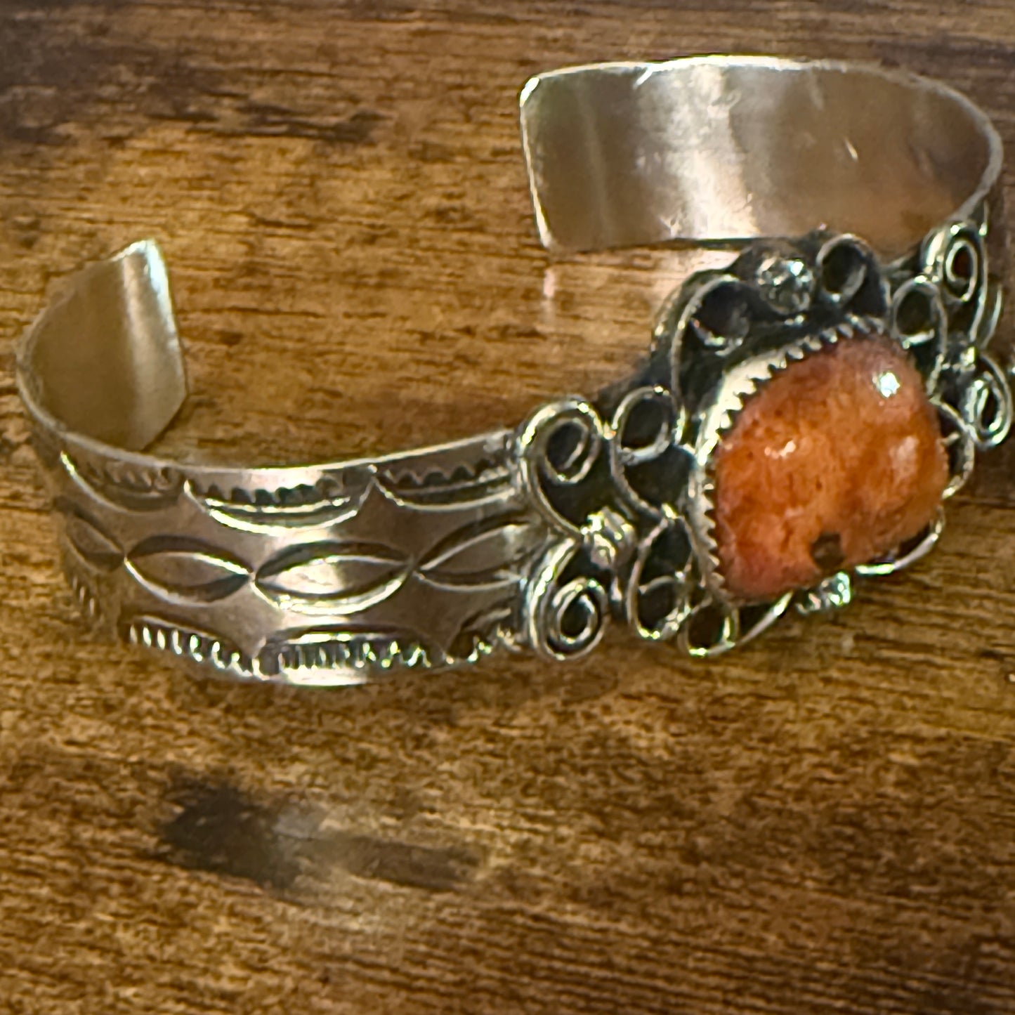 Navajo Inspired Apple Coral Cuff Bracelet Signed Cleveleland Nickel Silver Adjustable Silver Elegant