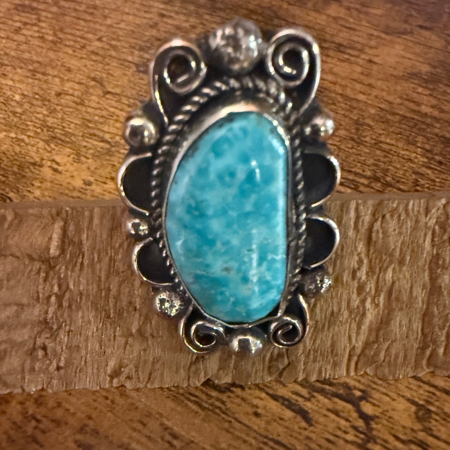 Navajo Style Kingman Turquoise Ring Size 9 Signed By Cleveland Nickel Silver Silver Elegant