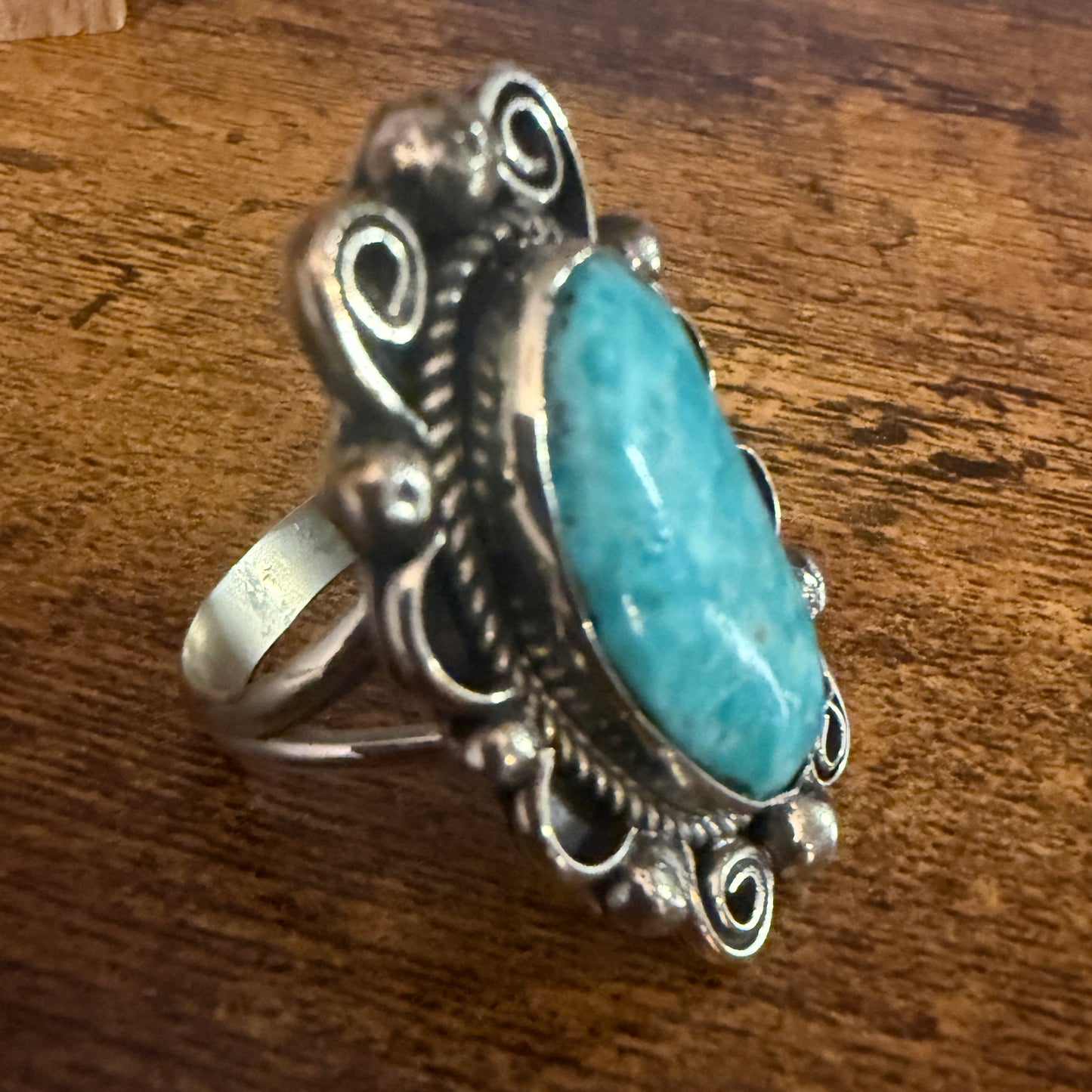 Navajo Style Kingman Turquoise Ring Size 9 Signed By Cleveland Nickel Silver Silver Elegant
