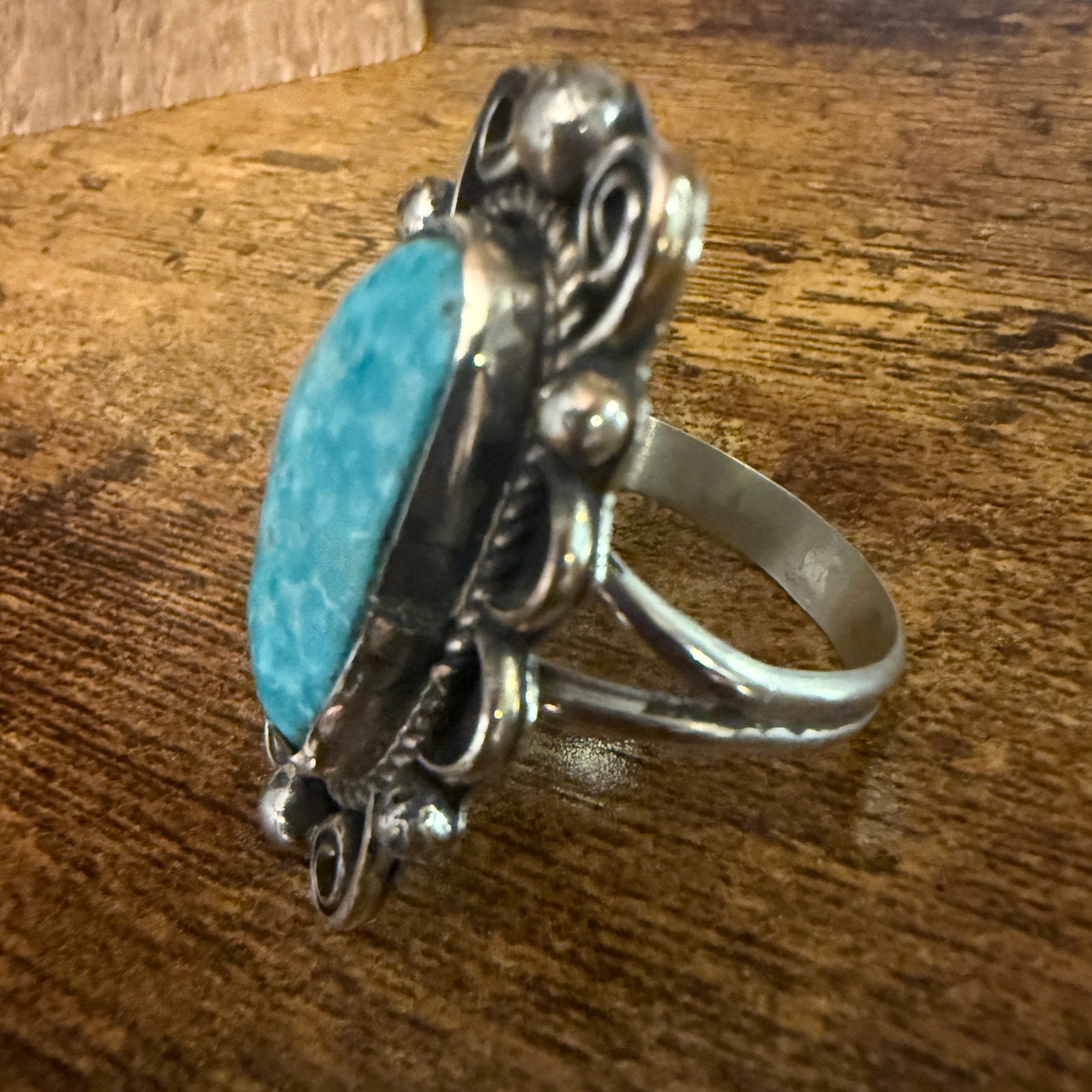 Navajo Style Kingman Turquoise Ring Size 9 Signed By Cleveland Nickel Silver Silver Elegant