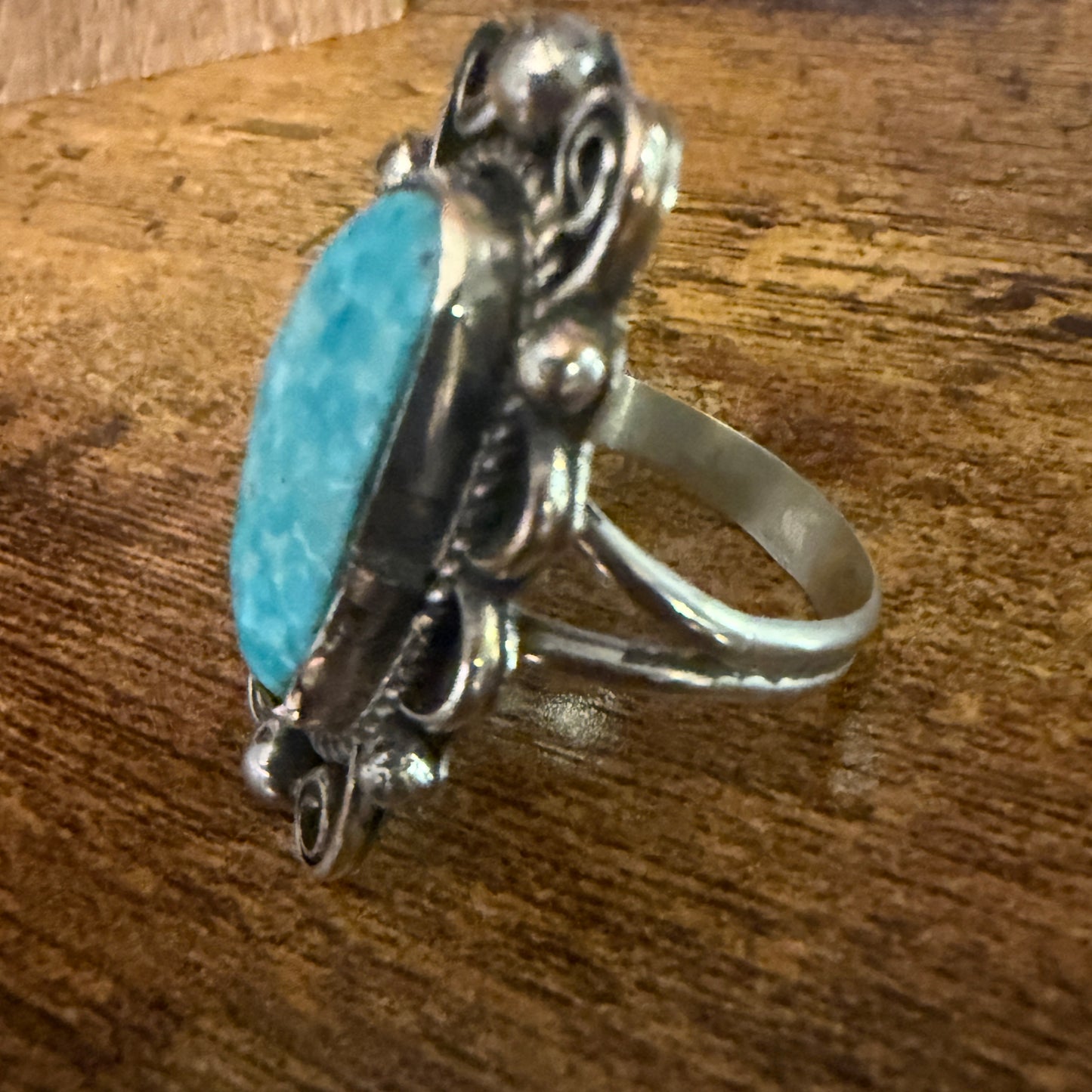 Navajo Style Kingman Turquoise Ring Size 9 Signed By Cleveland Nickel Silver Silver Elegant