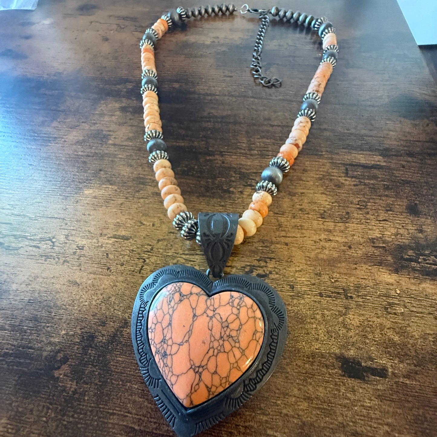 Orange Stone Heart Pendant Necklace With Navajo Style Pearls 26 Inch Wild West Boho