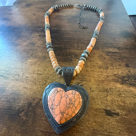 Orange Stone Heart Pendant Necklace With Navajo Style Pearls 26 Inch Wild West Boho