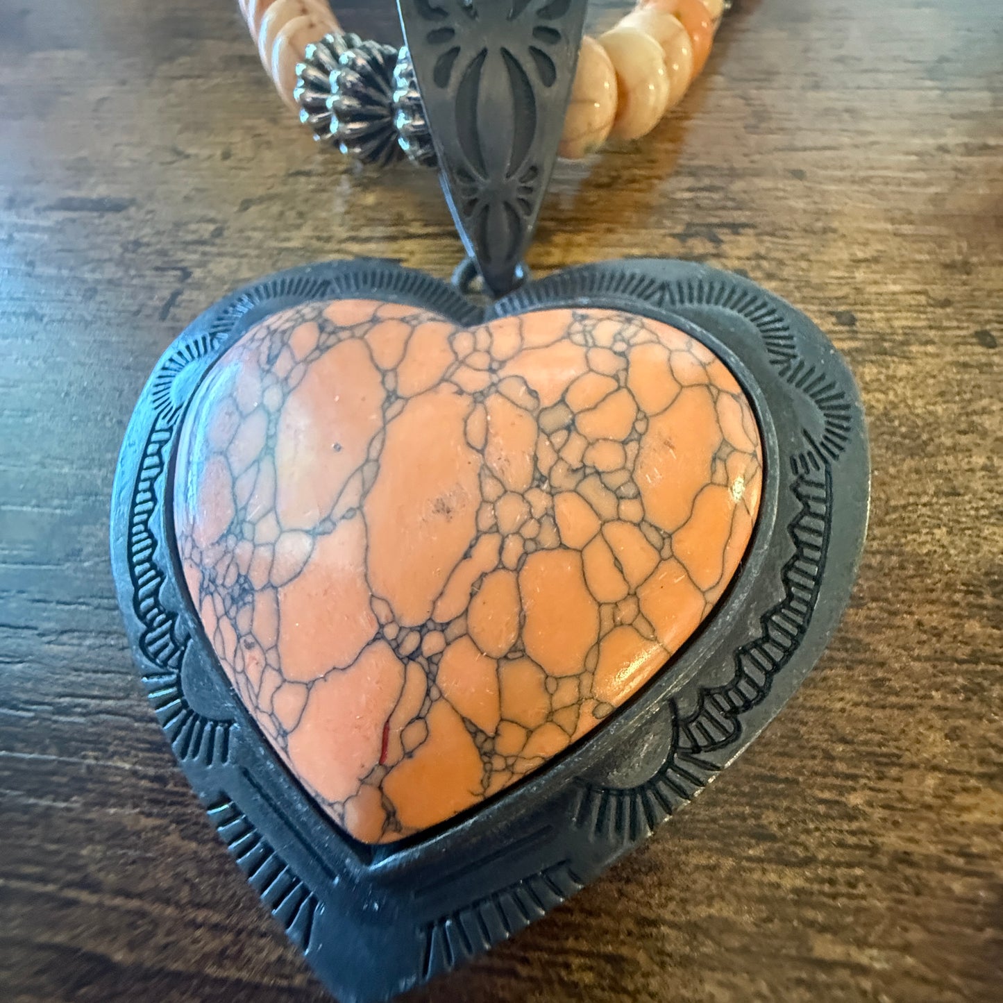 Orange Stone Heart Pendant Necklace With Navajo Style Pearls 26 Inch Wild West Boho