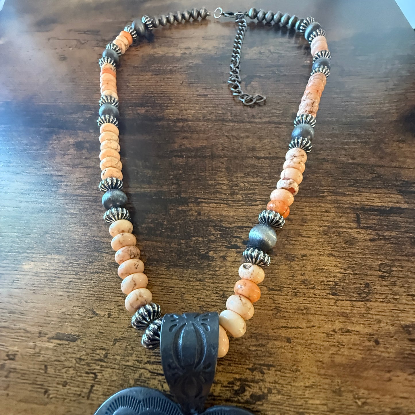 Orange Stone Heart Pendant Necklace With Navajo Style Pearls 26 Inch Wild West Boho