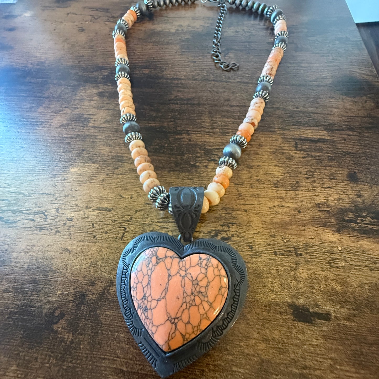 Orange Stone Heart Pendant Necklace With Navajo Style Pearls 26 Inch Wild West Boho