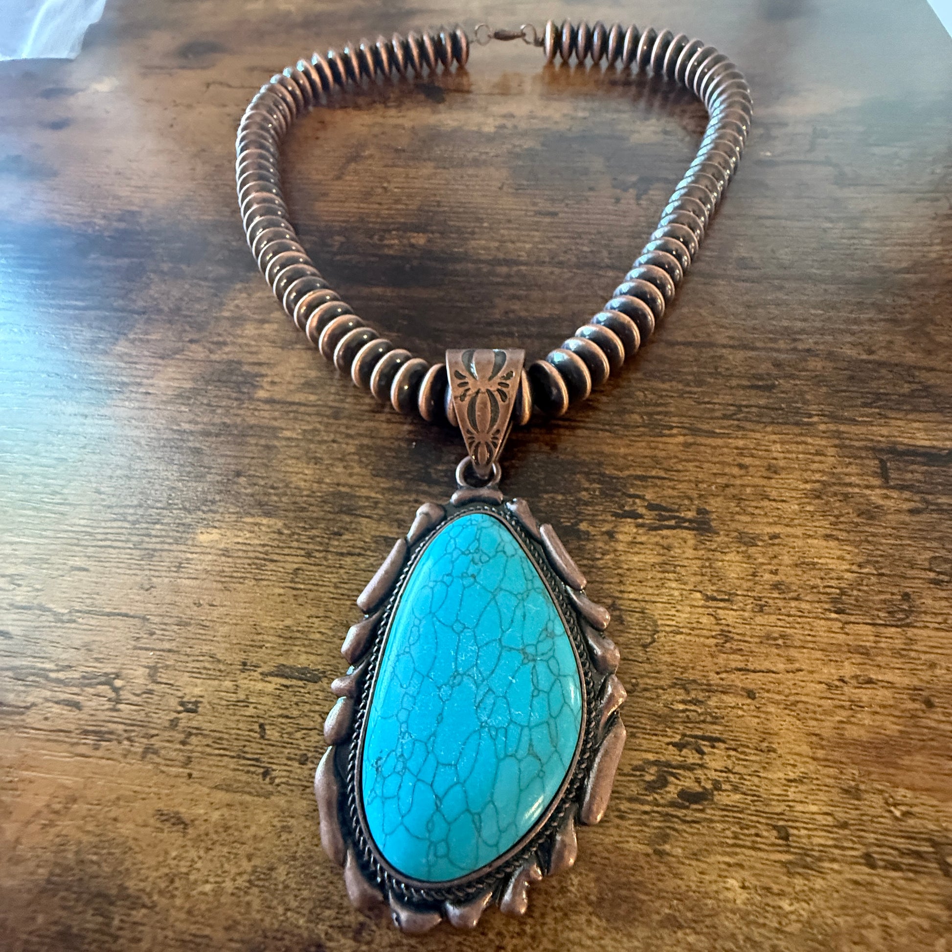 Copper Navajo Style Pearl Necklace With Blue Turquoise Teardrop Pendant 21 Inches WildWestBoho