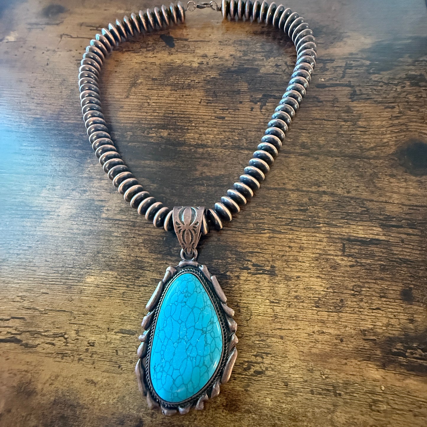 Copper Navajo Style Pearl Necklace With Blue Turquoise Teardrop Pendant 21 Inches WildWestBoho